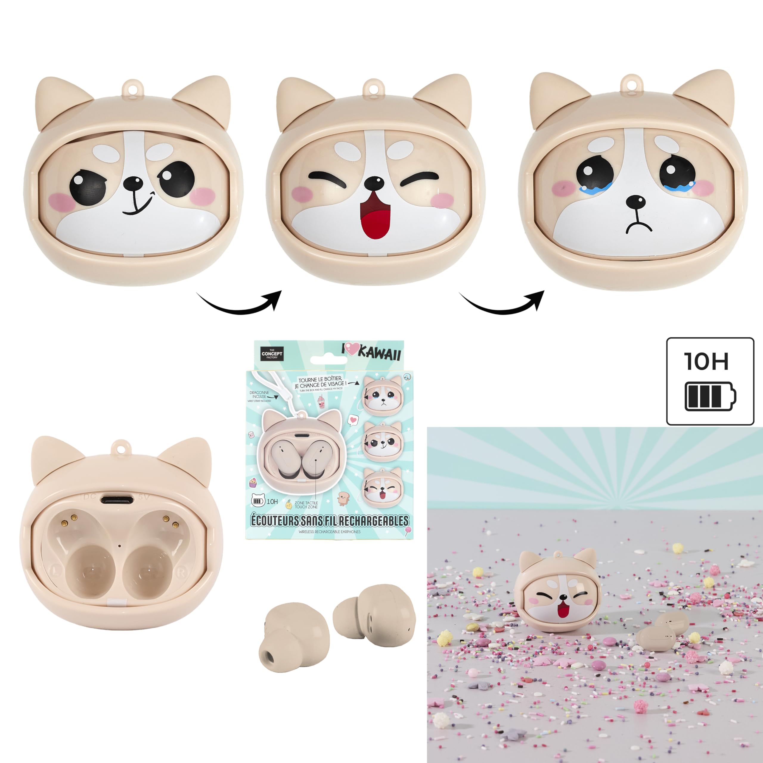 THE CONCEPT FACTORY - HT0153 Écouteurs sans Fil Multiface Kawaii - Design Original, Sonorité Optimale, Confort Ergonomique, Autonomie Étendue, Connectivité Bluetooth | Écouteurs sans fil kawaii, design original, sonorité optimale, confort, beige
