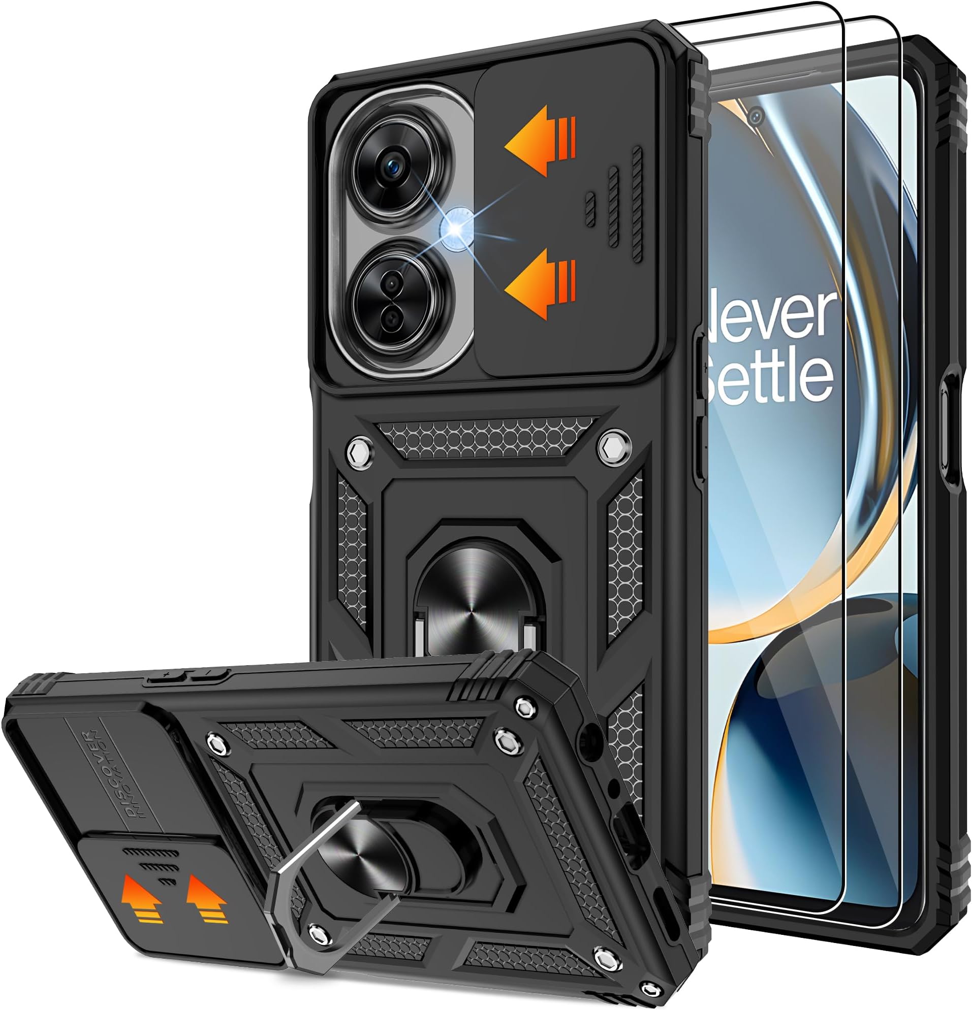 Gritup Fit for OnePlus Nord N30 5G Case with Slide Camera Cover & Screen Protector (2 Pack), Build in 360° Rotating Ring Kickstand [Military Grade] Protective Case for Nord N30 5g Case, Black