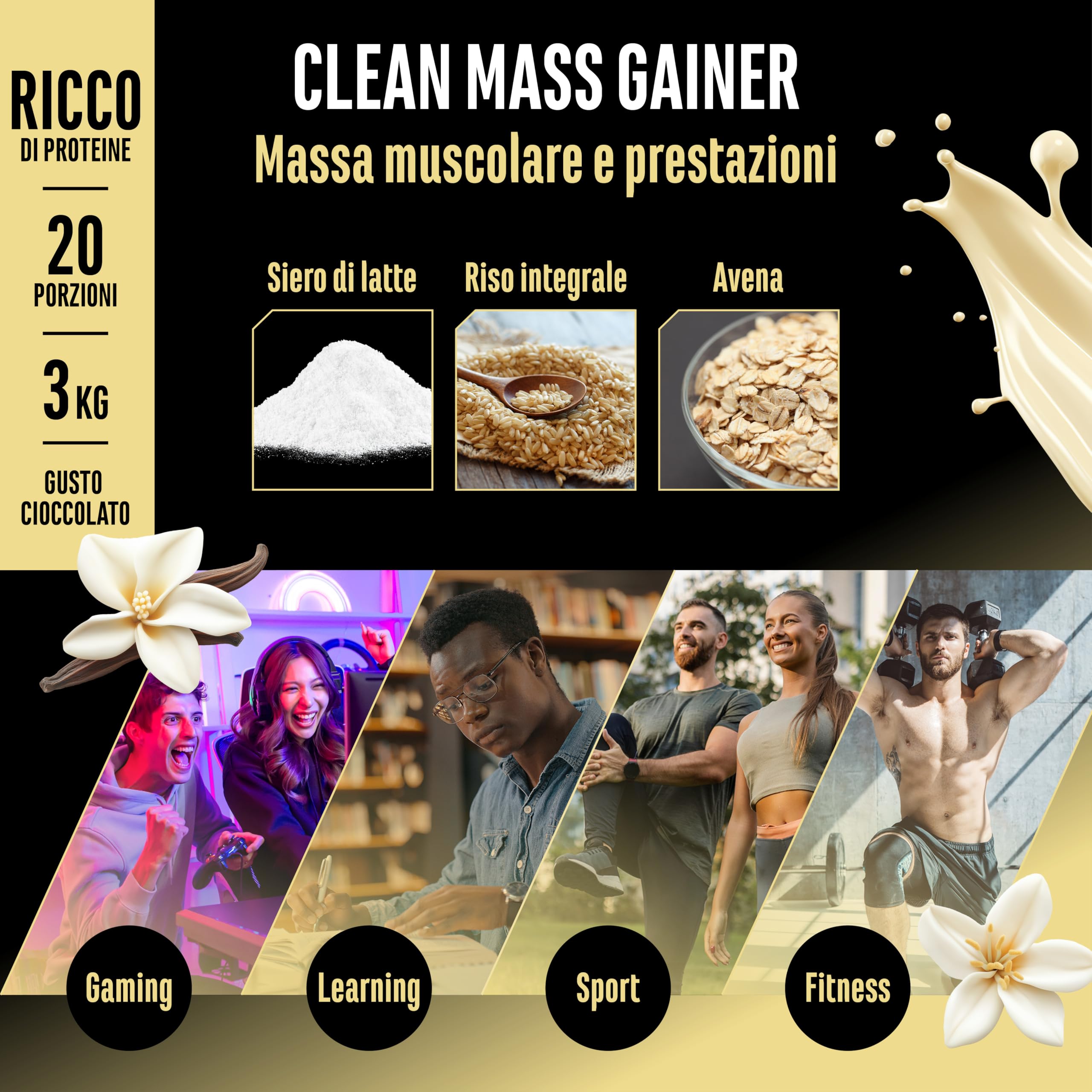 Clean Weight Gainer - 3 kg - Con Carboidrati Complessi e Proteine - Ideale per la Fase di Massa - Polvere per l’Aumento di Massa e di Peso - Vegetariano - Gusto Vanilla