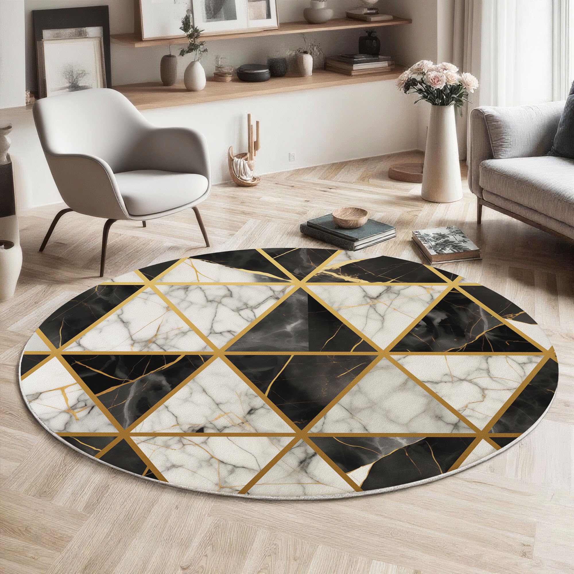 Tapis de marbre géométrique noir et blanc lavable 160cm pour salon