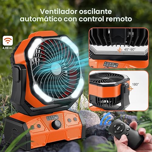 Miniatura 6 de Odoland Ventilador de campamento de 40000 mAh con luz LED, ventilador de escritorio oscilante a batería con control remoto y gancho, ventilador