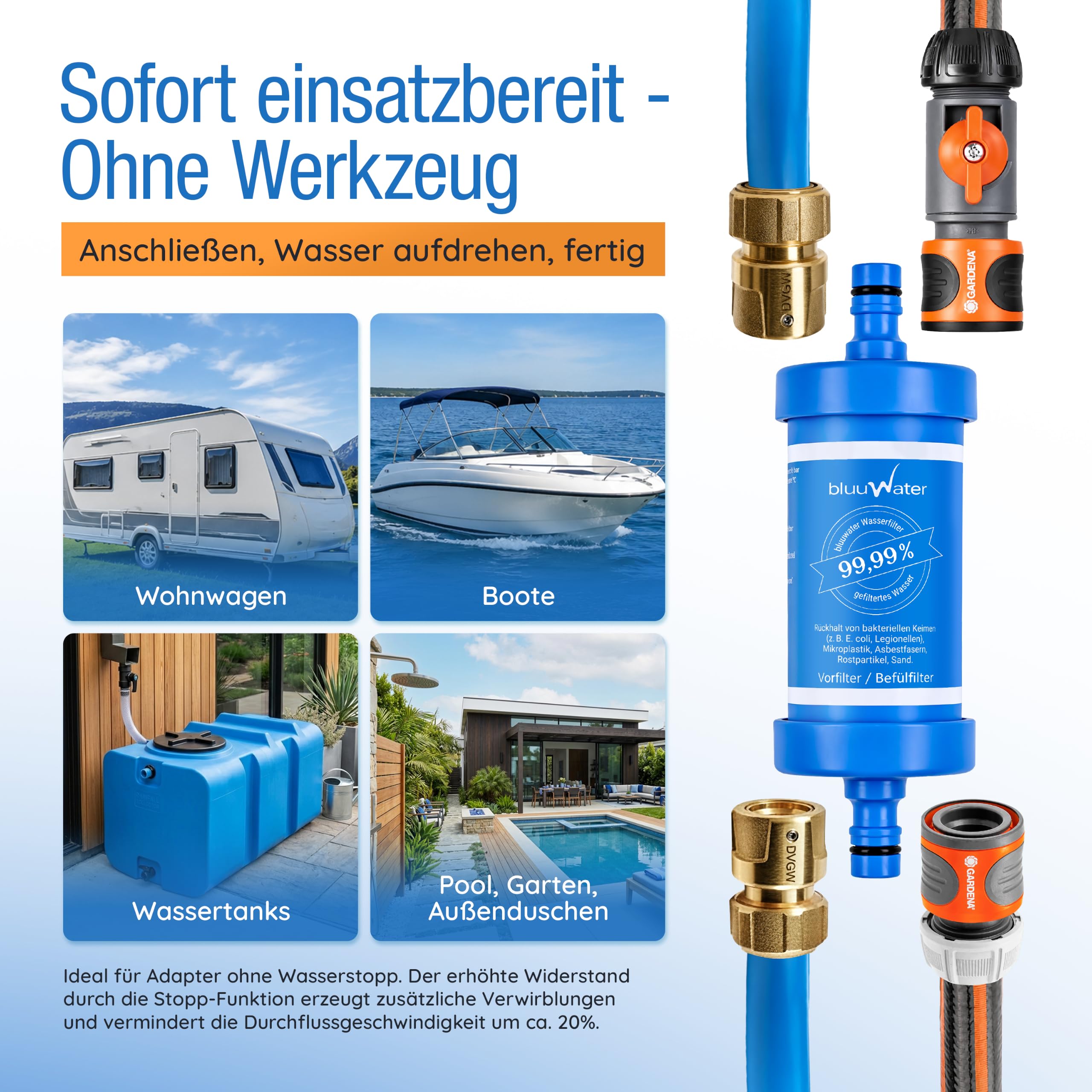 Befüll-Filter BF08 - Camping Wasserfilter für Wohnwagen & mehr | Filtert 99,99% der Bakterien, Keime, Kalk, etc. - Bis zu 6.000 Liter - Kompatibel mit GEKA® & GARDENA® - Laborgeprüft
