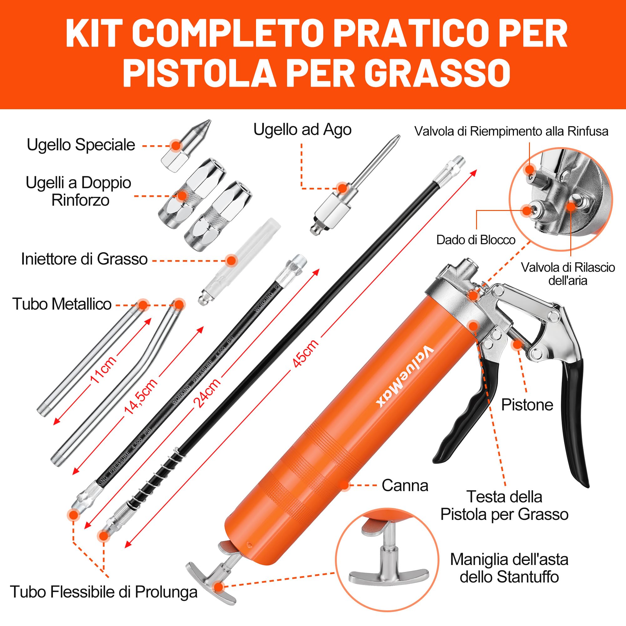 ValueMax Pistola per Grasso, con Tubo Flessibile, Pistola per Grasso da 6000 PSI con Capacità di 400 ml, Tubo Resistente, Tubi e Ugello in Metallo
