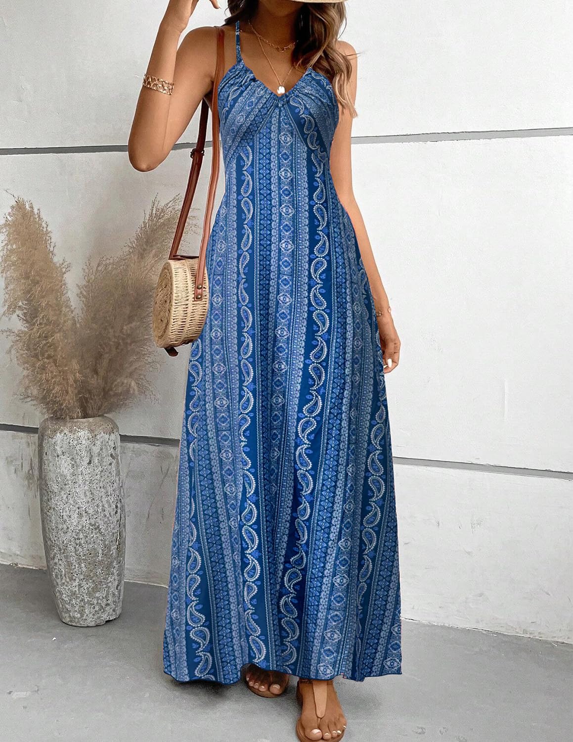 Mujer Vestido de Verano Sin Mangas Cuello en V Falda Larga Estampada de Tirantes Playa Vestido de Bohemio Elegante Vestido