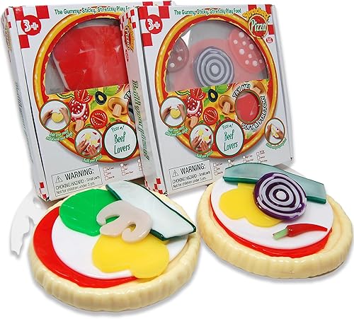 Stretcheez Pizza Paquete de dos – Comida de juego para niños – Alimentos y coberturas elásticas – Mezcla y combina – Colecciónalos todos – Funciona