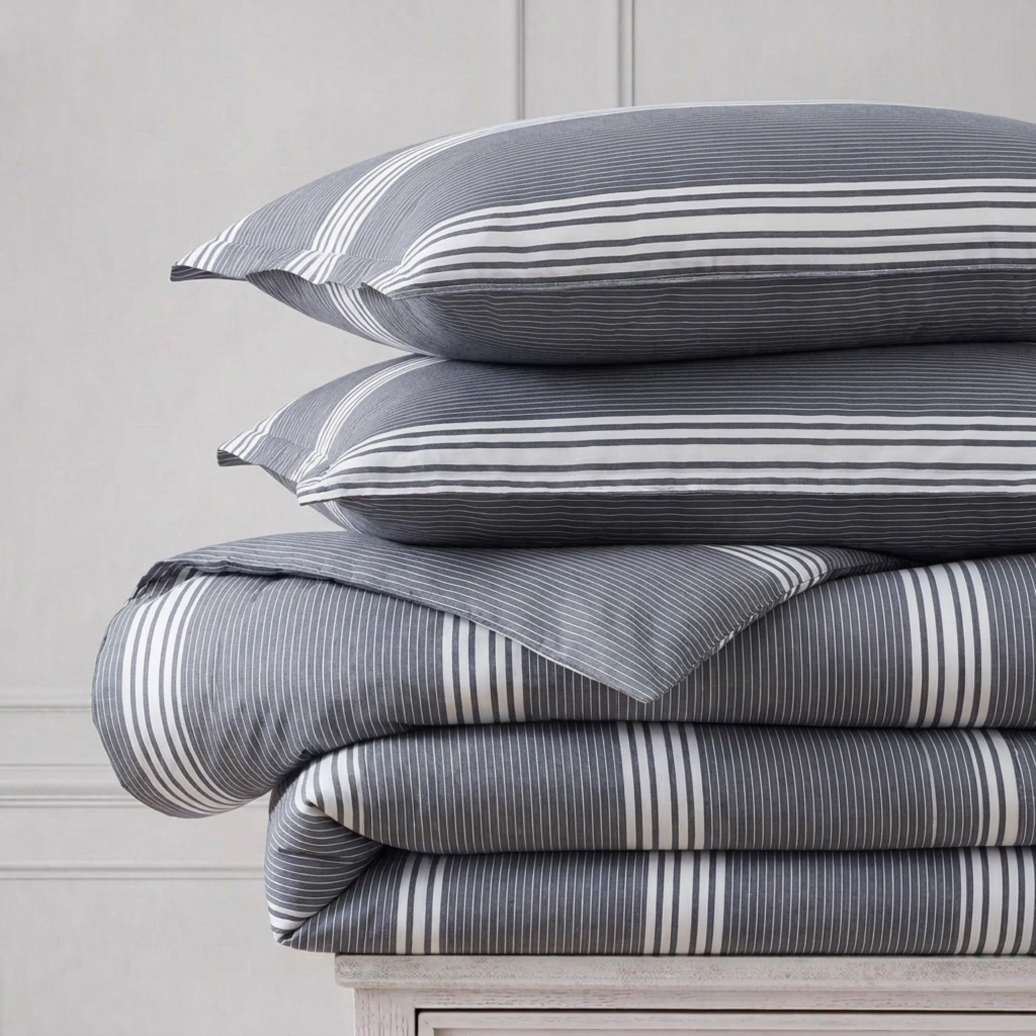 Nautica | 100% cotone accogliente e morbido, durevole e traspirante a righe e federe coordinate, grigio, Twin XL