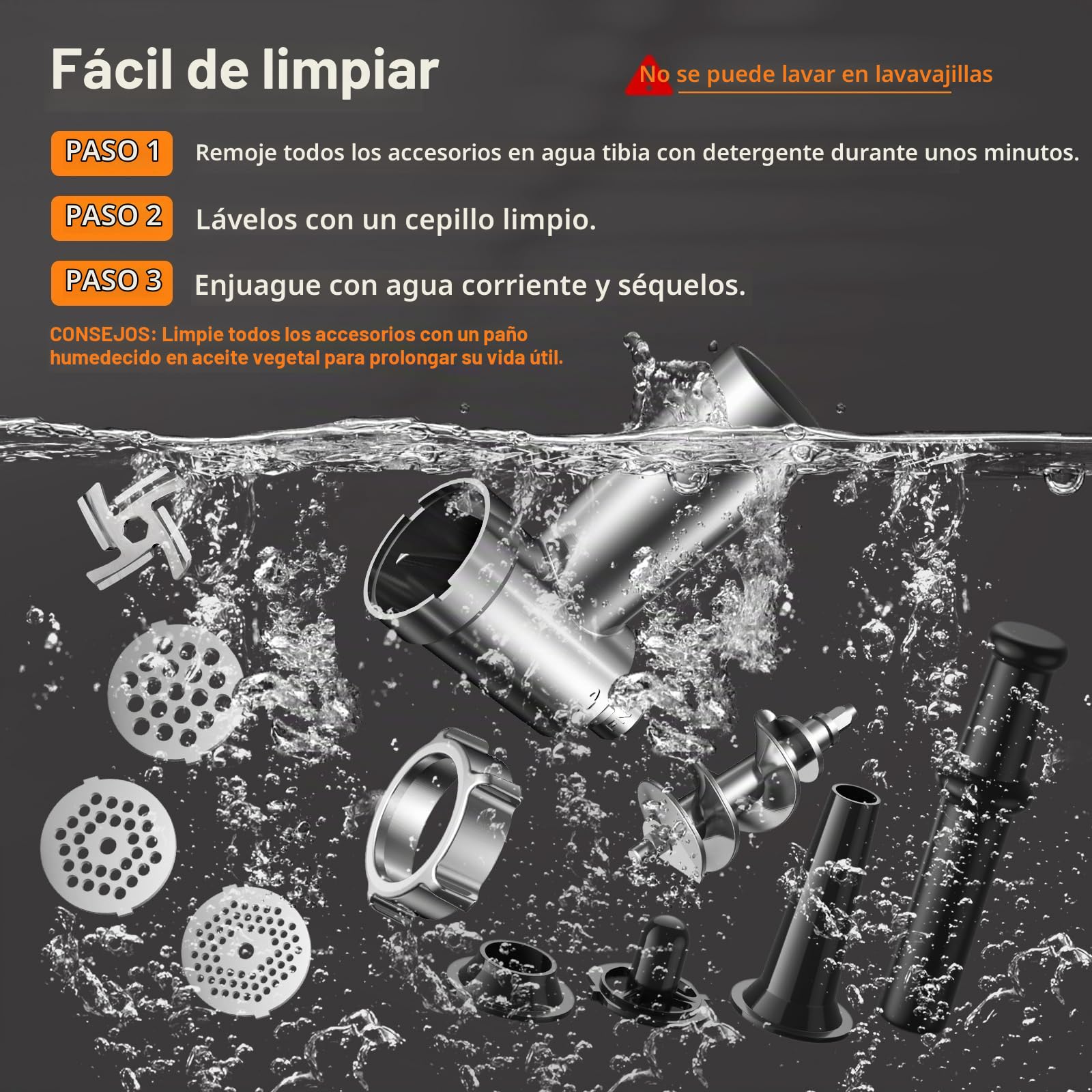VINATO Picadora Electrica, Accesorio para Salchichas CompactPower, 3 Discos Perforados de Acero Inoxidable (3, 5, 7mm), Pisón, Accesorio para Kebbe