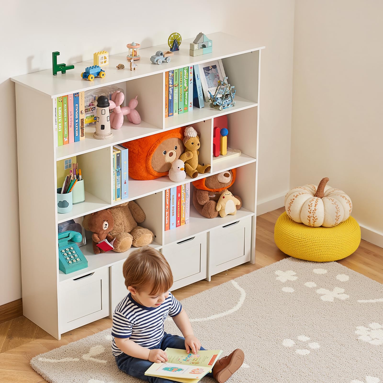 VEVOR Kinderregal Bücherregal aus Holz mit Stauraum, Spielzeugschrank mit 4 mobilen Schubladen, Aufbewahrungsschrank für Spielzeug, Spielzeugregal für Schlafzimmer Kinderzimmer Wohnzimmer, weiß