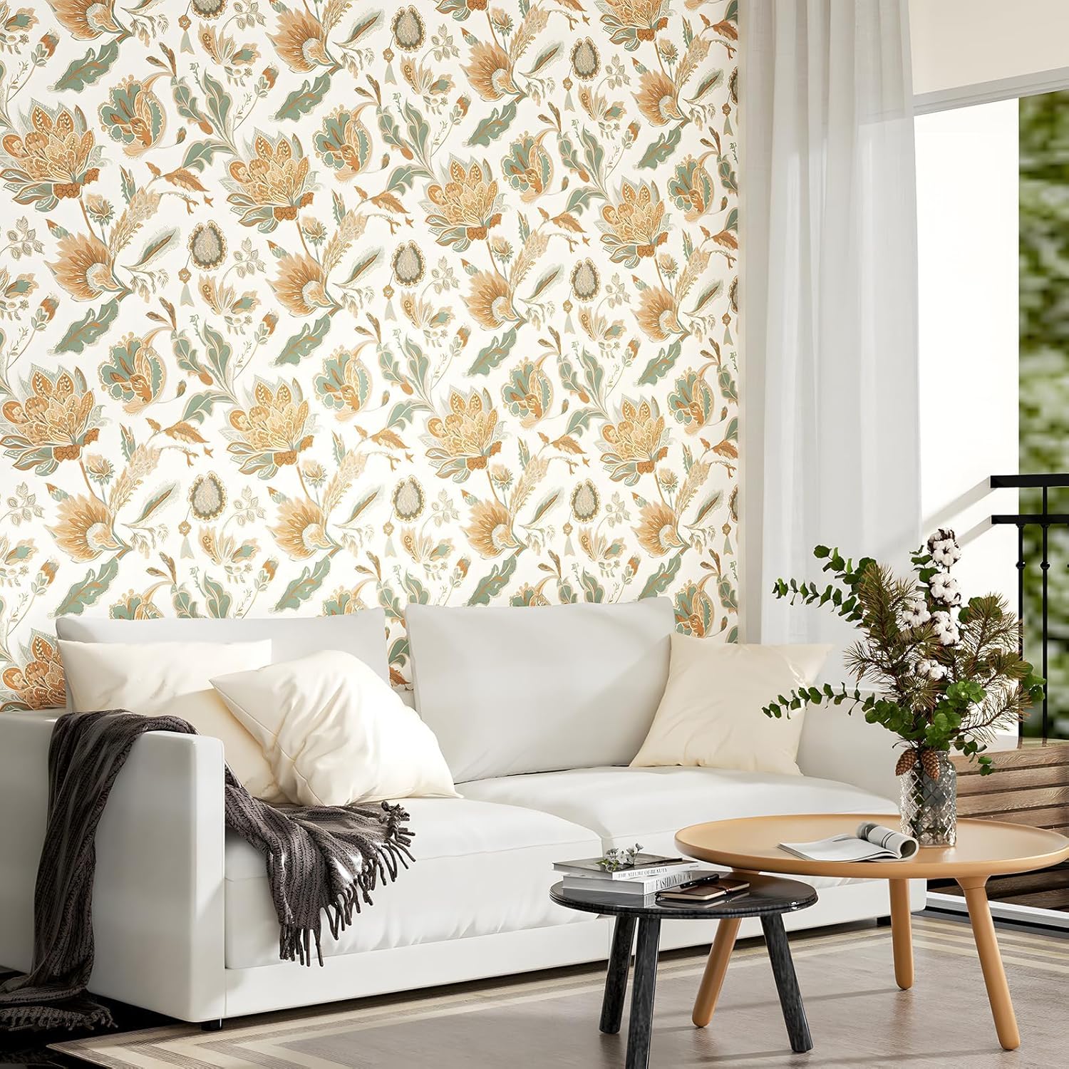 Laatse Boho Wallpaper Peel and Stick Modern Floral Contact Paper Vinyl Waterproof Self-Adhesive Botanical Vintage Wall Paper for Walls Mural Drawers Cabinet 17.5in x 393in(Green,Orange)