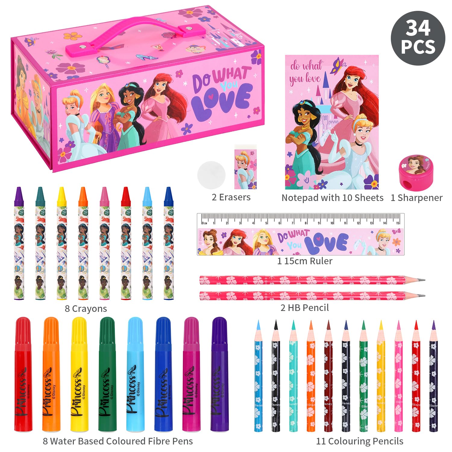 Disney Princess 34pc Colouring Art Stationery Set including Watercolour Felt Tip Pens Crayons and Pencils Travel Set for Children - Image 2