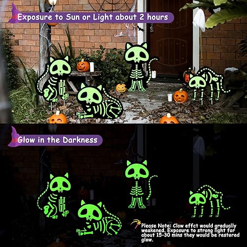 Miniatura 3 de Decoraciones de Halloween para patio, letreros de gato al aire libre que brilla en la oscuridad, esqueleto de gato con estacas para espeluznante