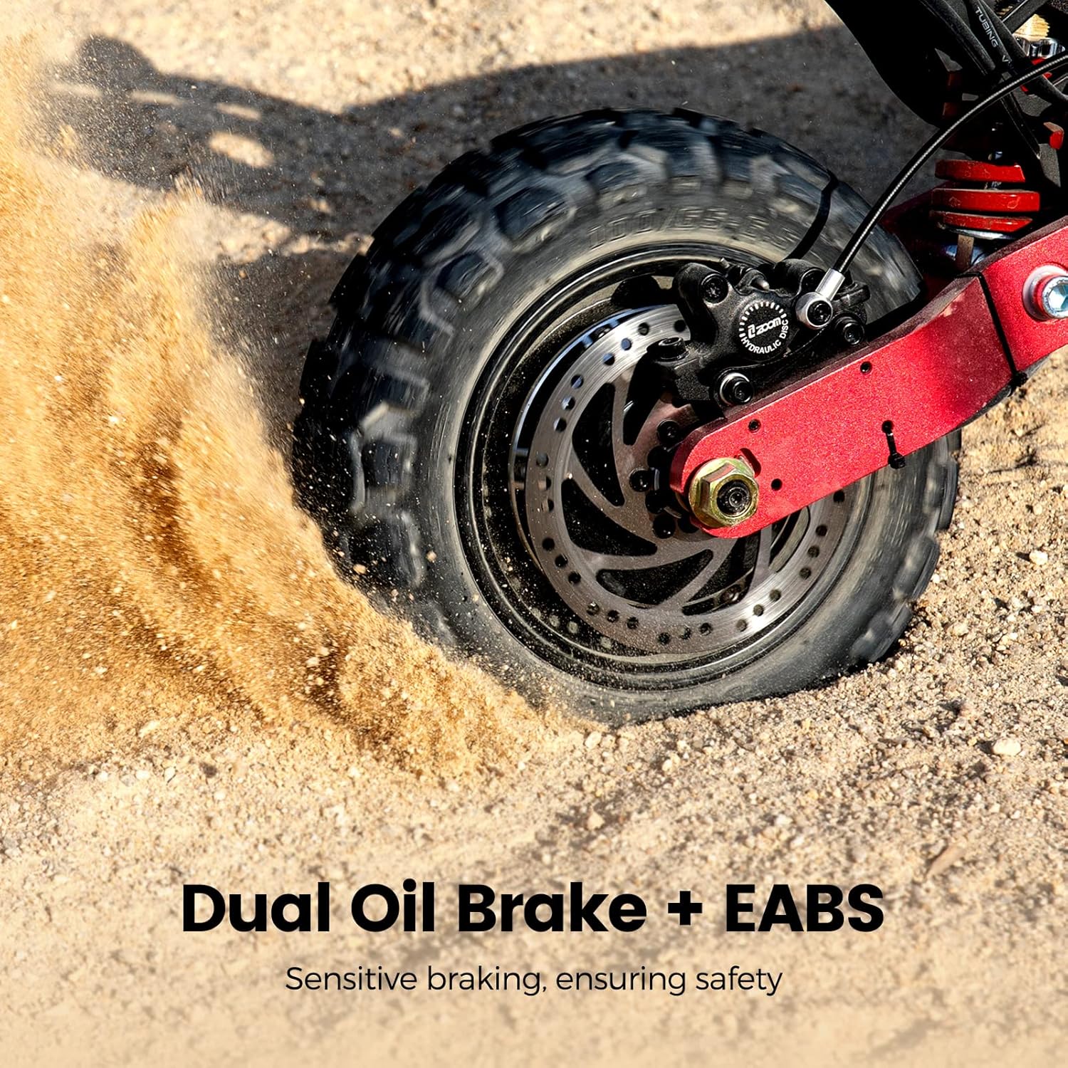 Close-up of LAOTIE Ti30 Electric Scooter's dual oil brake and EABS system.