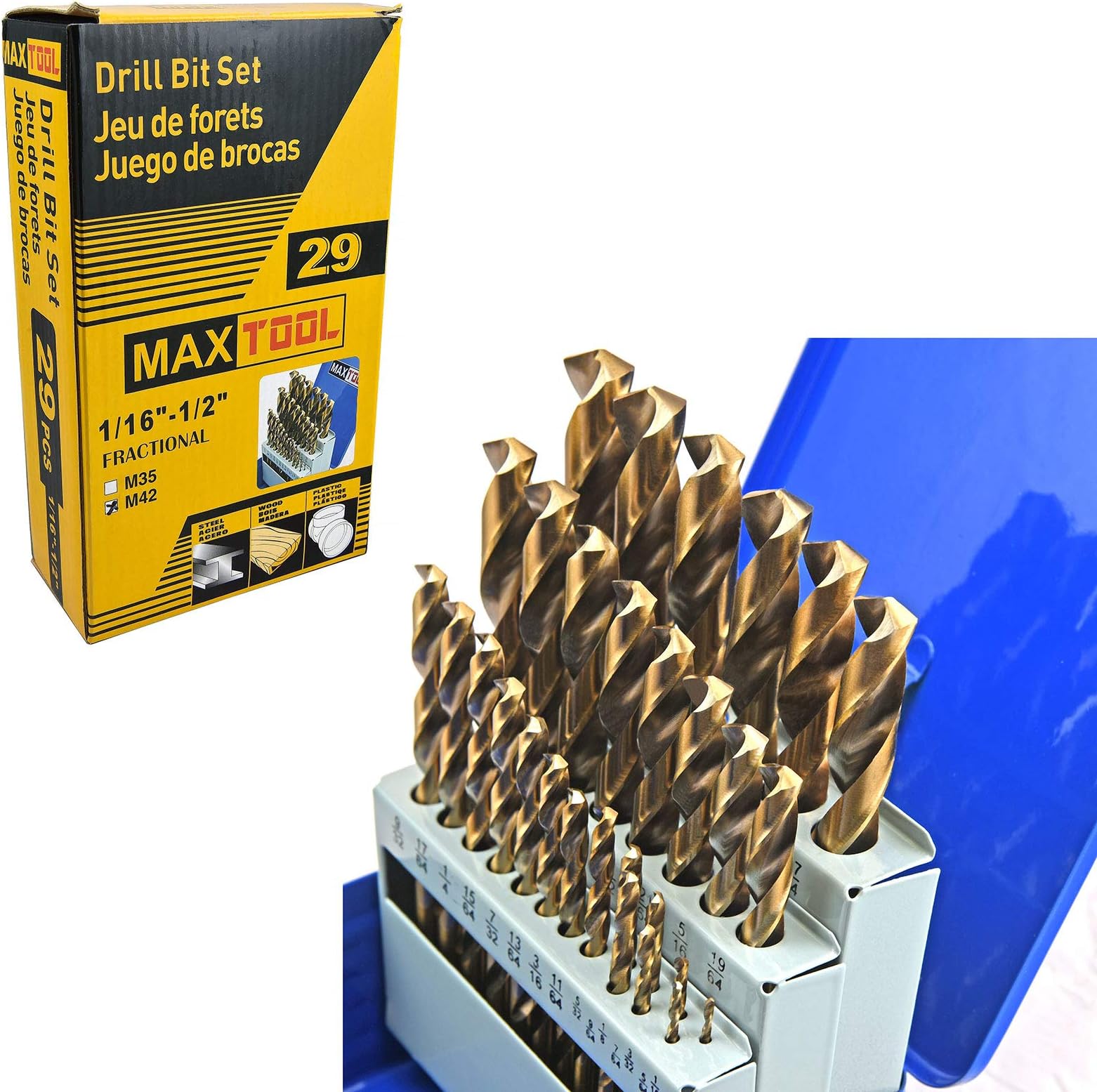 MaxTool 29-Piece Twist Drill Bit Set 8% Cobalt M42 Jobber Length Fully Ground for Hardened Steel Metal Cast Iron Sizes 1/16“ to 1/2”; JBS42G10R029P