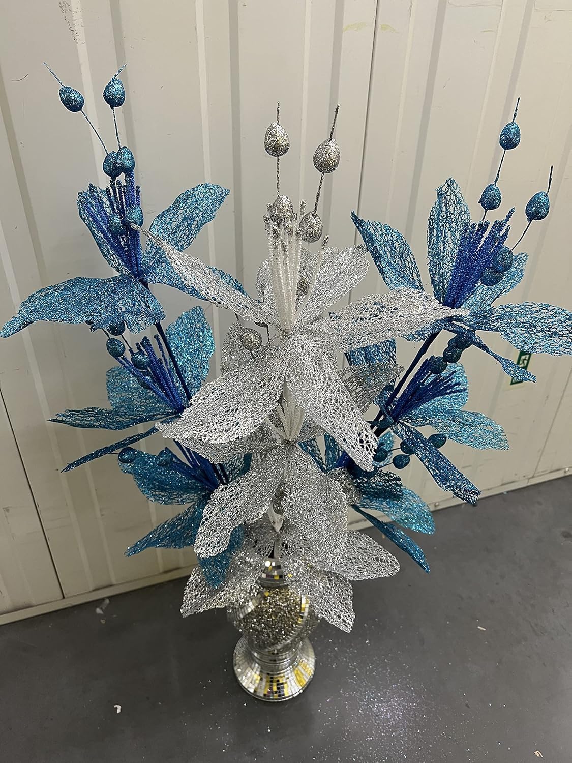 Jayogla Bule + Silver Artificial Glitter Silk Flower Bunch, 35 Cm, For Vase, Home, Garden, Office Decoration (, 30Cm)