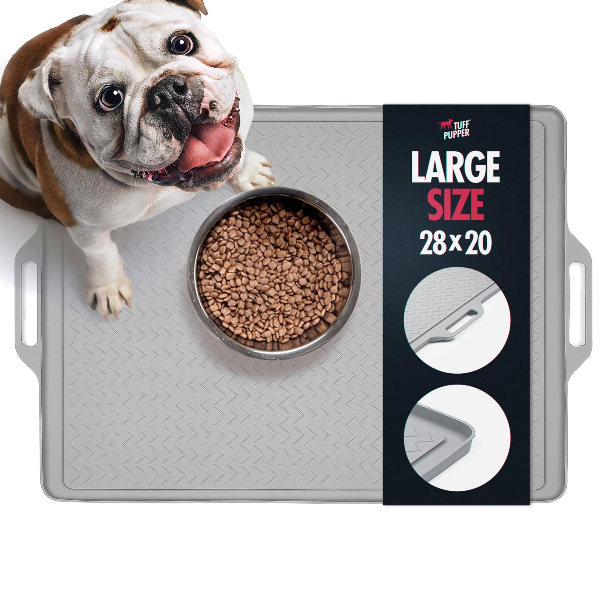 Tuff Pupper 28x20 Large Waterproof Pet Feeding Mat | Raised Edges Prevent Spills | Easy Clean Dishwasher Safe | Holds Food & Water Mess from Floor | Non Slip Silicone Base | Dogs & Cats Silicone Tray