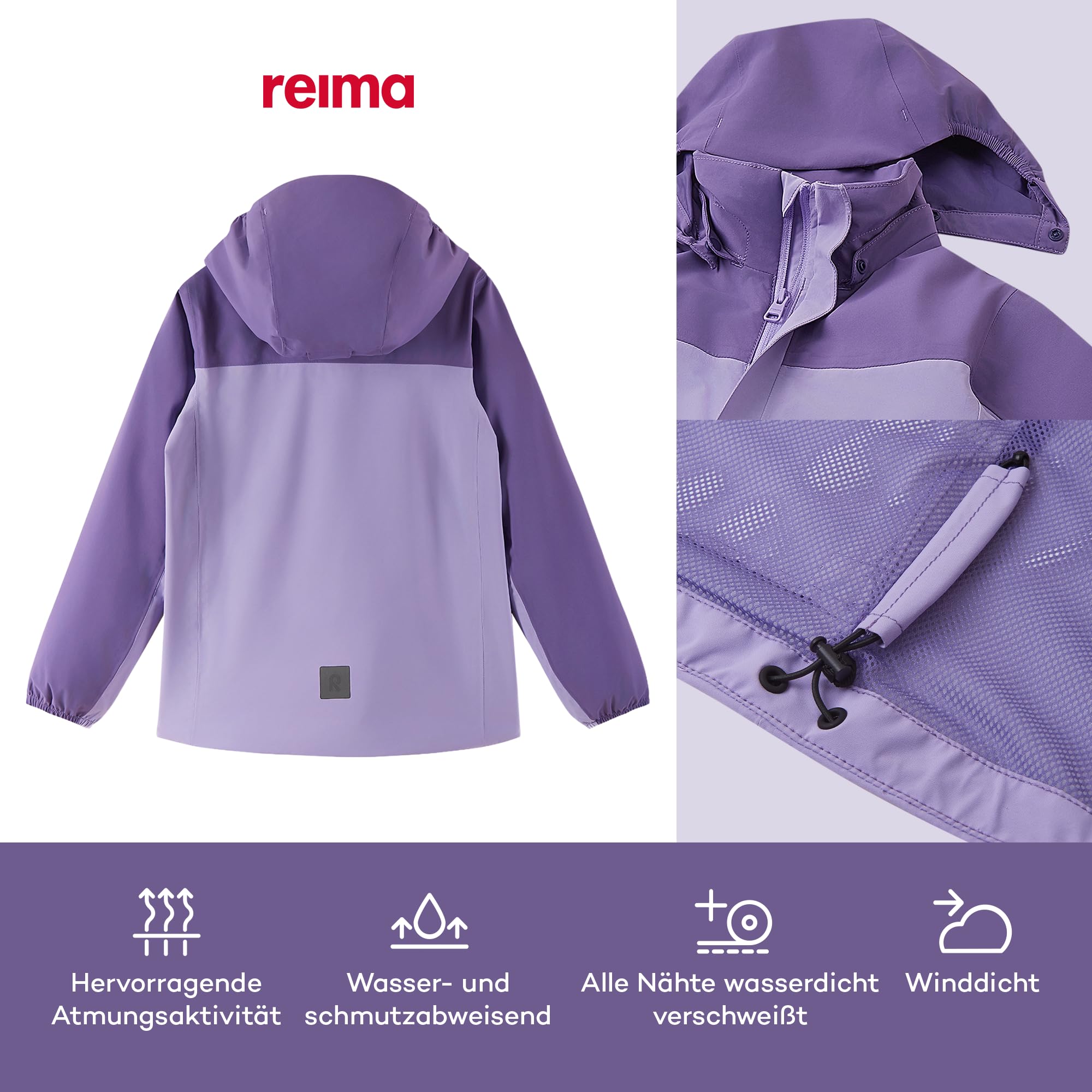 Reima - ReimaTec Salmi wasserdichte Regenjacke für Kinder - Leichte Übergangsjacke für Jungen und Mädchen mit 10.000 mm Schutz, atmungsaktives, winddichtes Material - Blooming Lilac, 122