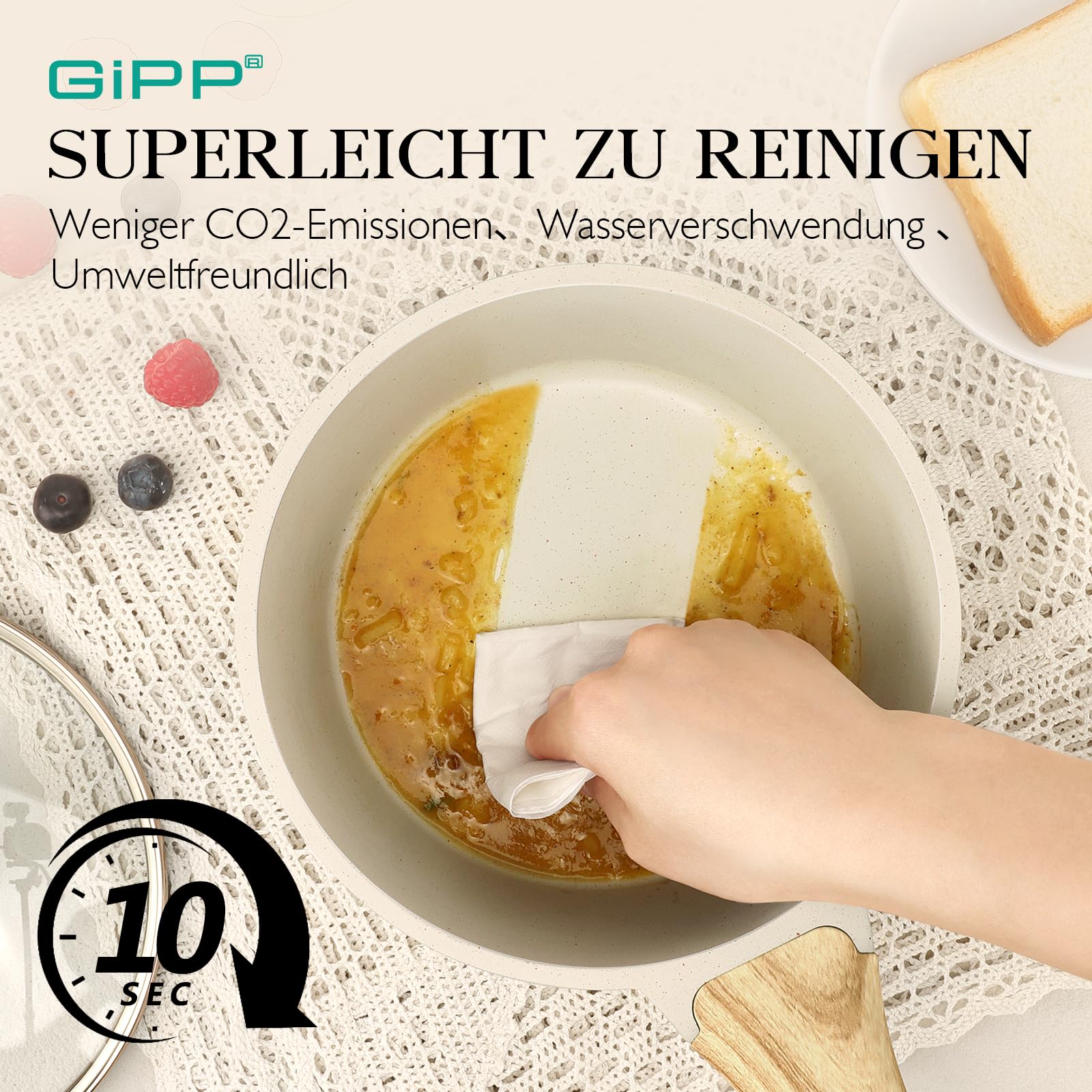 GiPP Casseruola da 20 cm, piccola casseruola a induzione, con coperchio, rivestimento antiaderente in granito, manico in legno, pentola da 3.6L, per induzione, senza PFOA (bianco, 20cm)