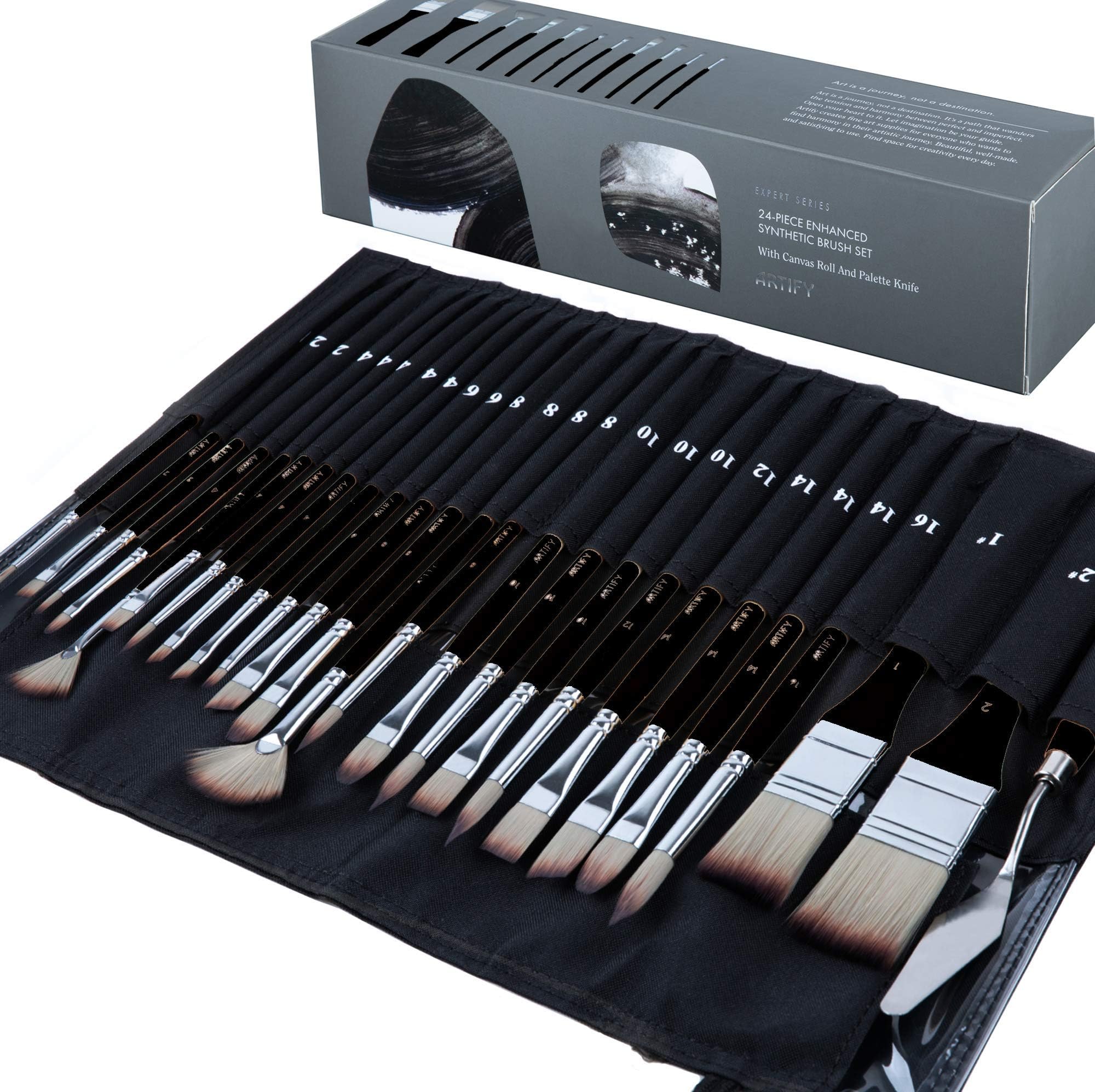 ARTIFY Sunflower 15 Pieces Paint Brush Set, Expert Series, Enhanced Synthetic Brush Set with Canvas Roll and Special Bookmarks for Acrylic, Oil, Watercolor and Gouache - LightGray