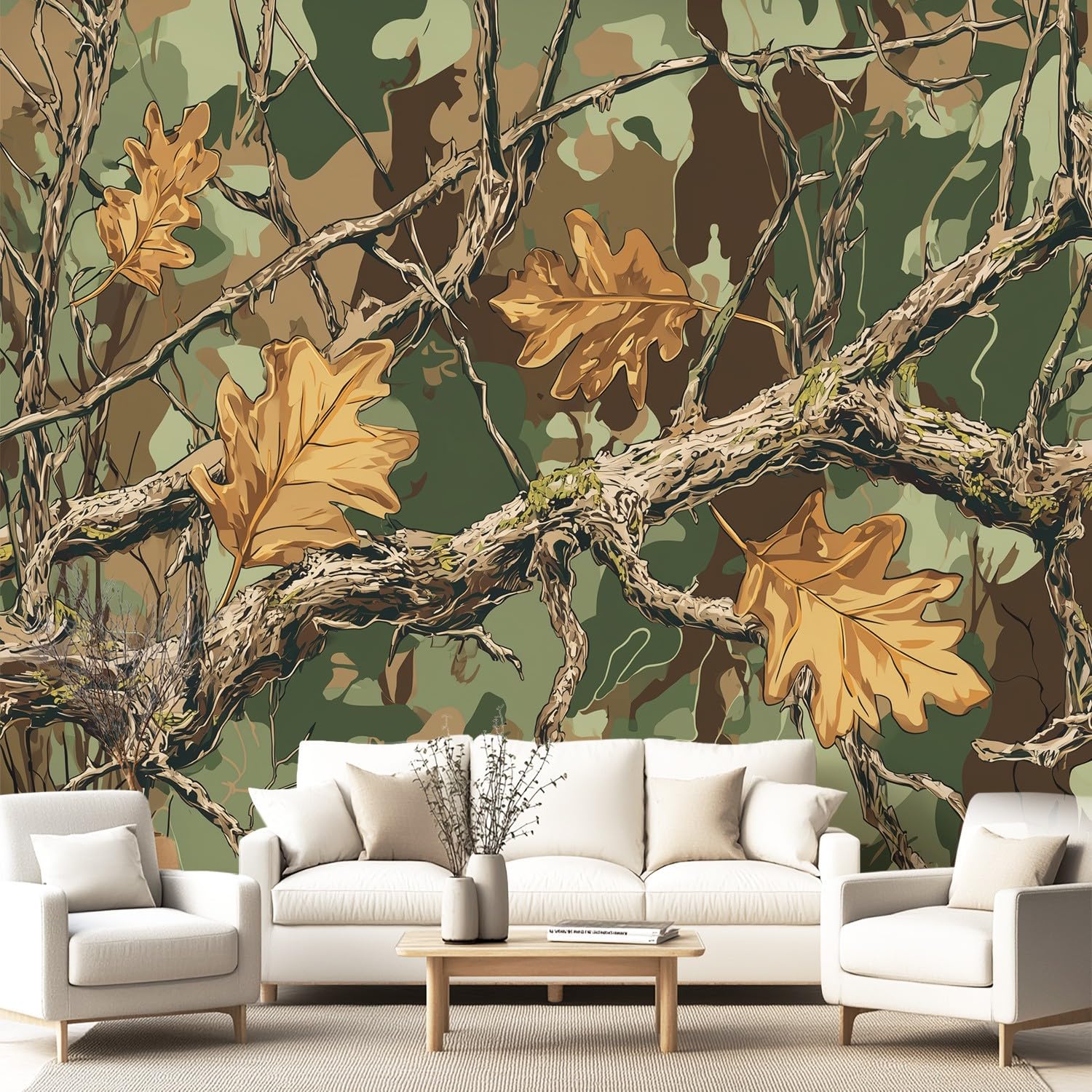 Tapeta 3D retro roślina 274 x 254 cm, mural ścienny, liście dębu, kamuflaż, tapeta do sypialni, przedszkola, malowniczego ogrodu, wisząca