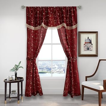 Randall Christmas Floral Sheer Curtain Panel Set with Attached Valance Botanical Embroidery Taffeta- 2 Panels+1 Valance with Tassel and 2 Tiebacks for Bedroom Living Room Rod Pocket, 27"95"2, Red