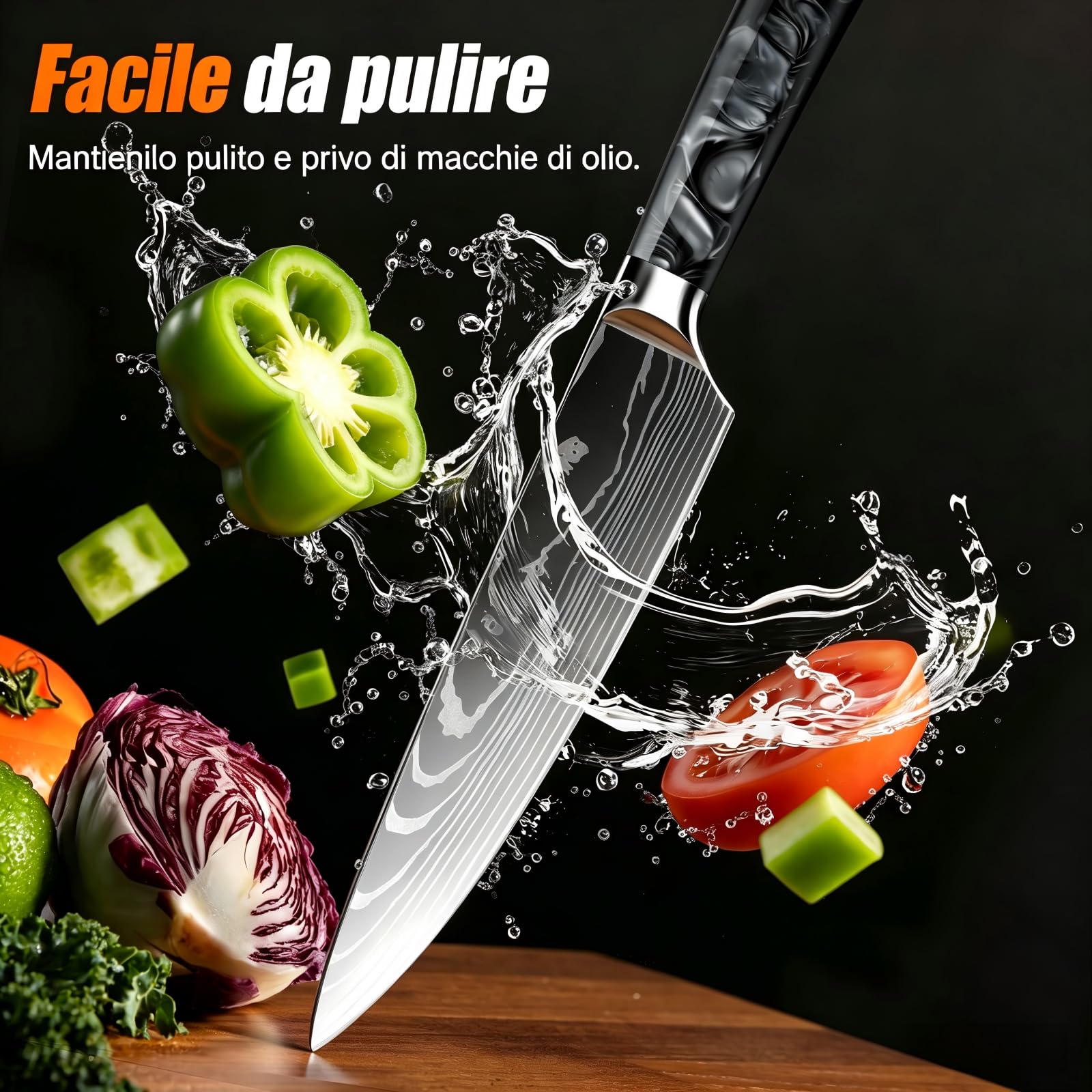 Set Coltelli da Cucina, 10pz, con Coltelli da disosso, Coltelli per frutta e Coltelli da Chef, Manico in resina, Acciaio Inossidabile, Damasco, set coltelli da cucina professionali(Nero)