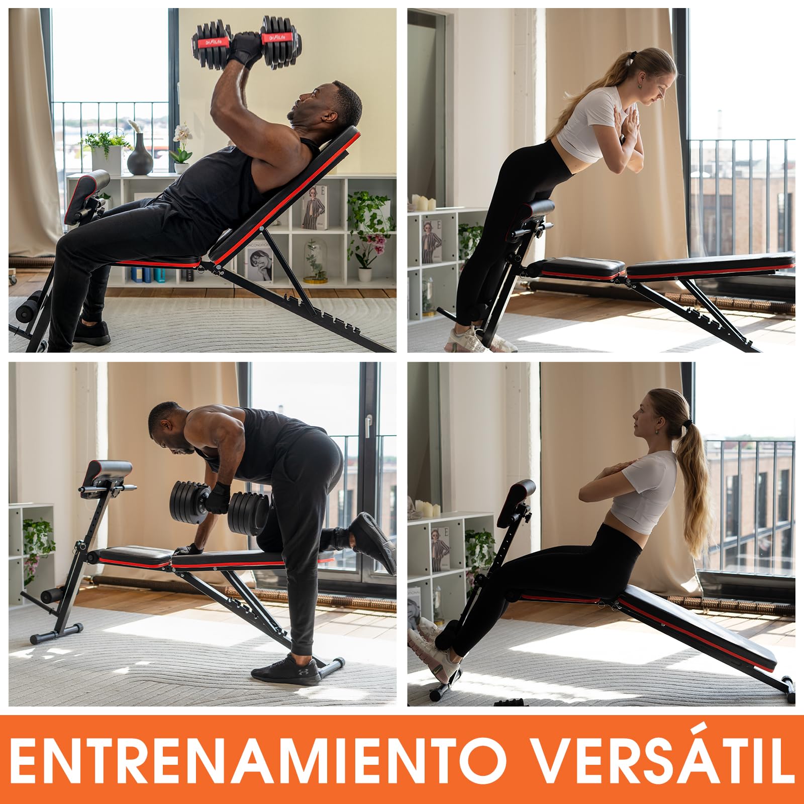 DH FitLife Banco de pesas plegable ajustable, banco inclinado y banco plano para press de banco, entrenador de espalda y abdominales, banco de entrenamiento multifuncional para fitness y fuerza
