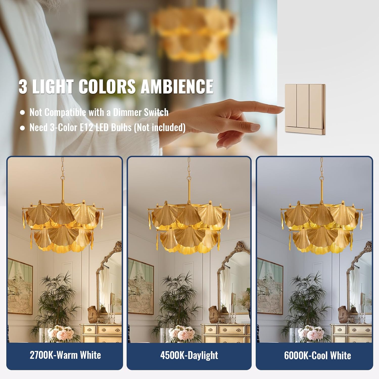 26" Gold Vintage Chandelier, 2-Tier Rustic Chandelier for Dining Room with Ginkgo Leaves, 9 Lights Art Deco Ceiling Pendant Light Fixture for Kitchen Island Living Room Bedroom Entryway