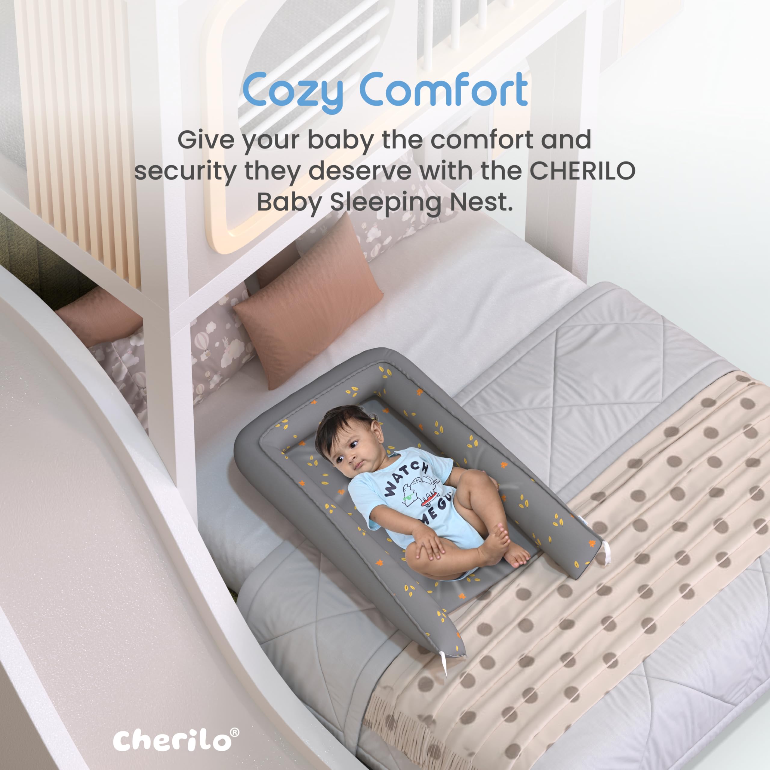 Cherilo Baby Sleeping Bag, Cotton Bedding Set for Infants and New Born Baby Carry Nest, Portable Bassinet Sleeping Pod for Bed, Age 0+ Months, (Grey Leaf) - Image 5 thumbnail