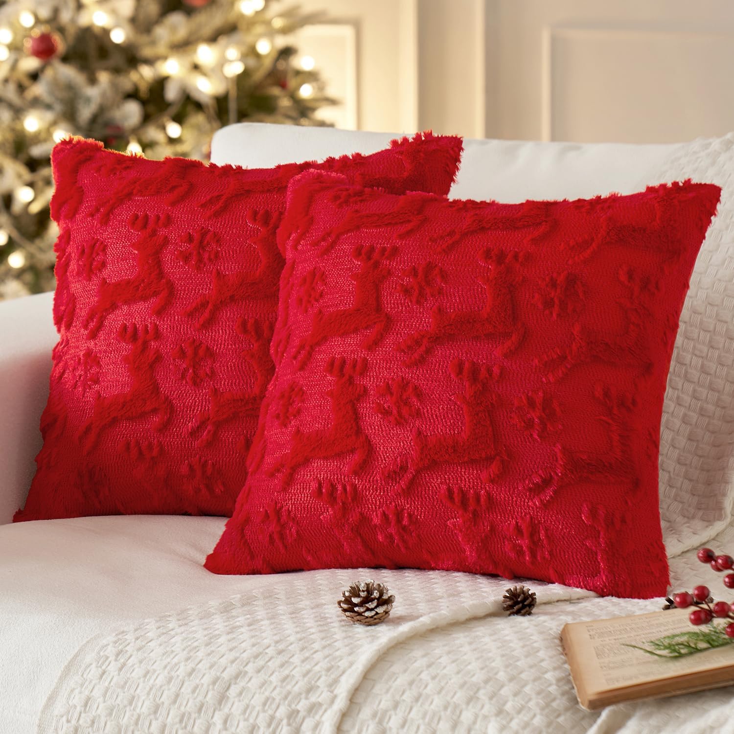 MIULEE Christmas Reindeer and Snowflakes Pillow Covers 18x18 Inch Red Throw Pillows Set of 2 Decorative Soft Fluffy Pillowcases for Home Decors Couch Sofa Livingroom Bed 18" x 18" (Pack of 2) Red