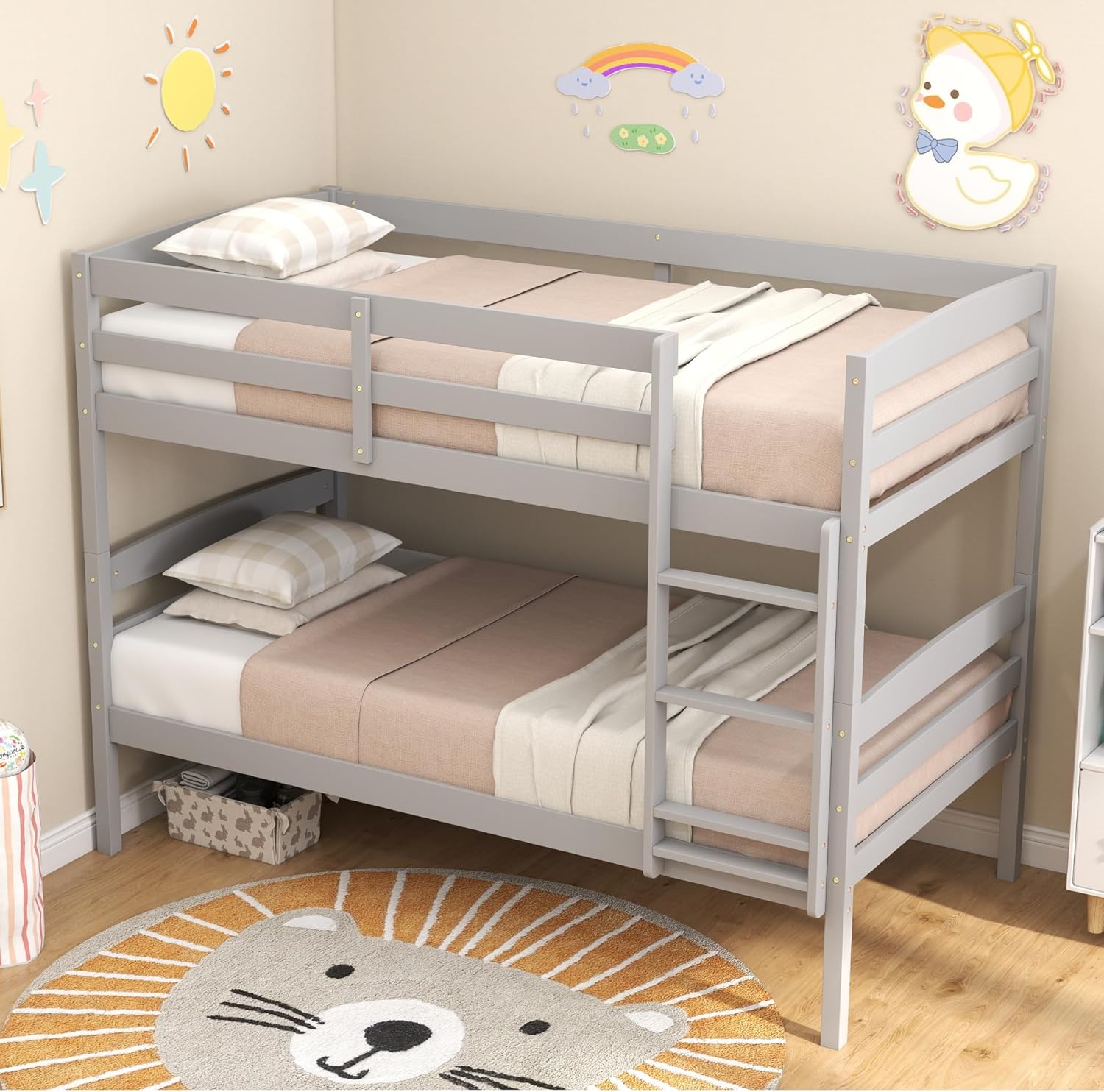 KOMFOTT Twin Over Twin Bunk Bed, Wood Bunk Bed with Full-Length Guardrail & Integrated Ladder, Space-Saving Bed Frame Mattress Foundation for Home Dorm Apartment, No Box Spring Needed