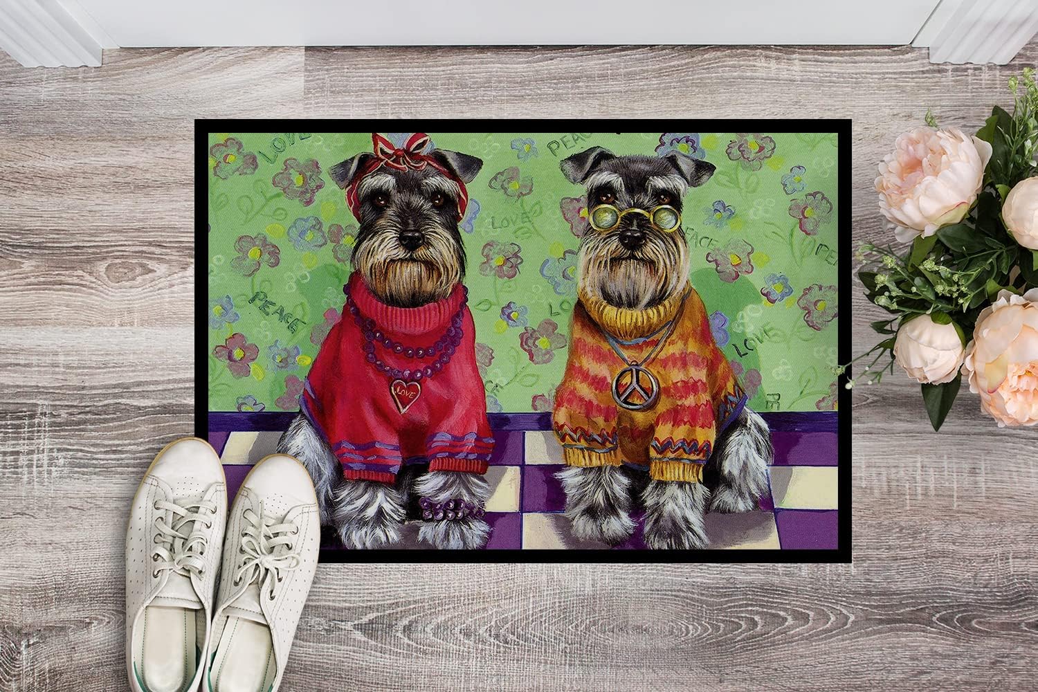 Caroline's Treasures PPP3333MAT Schnauzer Love and Peace Doormat 18x27 Front Door Mat Indoor Outdoor Rugs for Entryway, Non Slip Washable Low Pile, 18H X 27W