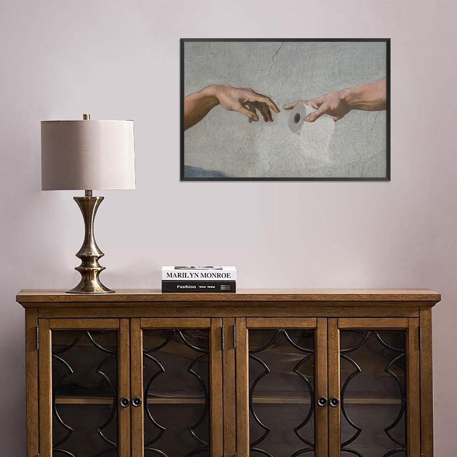 Funny Hand Holding Toilet Paper Poster Two People In Toilet Pass The Tissue Wall Art Simple And Modern Creative Bathroom Canvas Prints Painting For Home Restroom Wall Decor 8x12in Framed