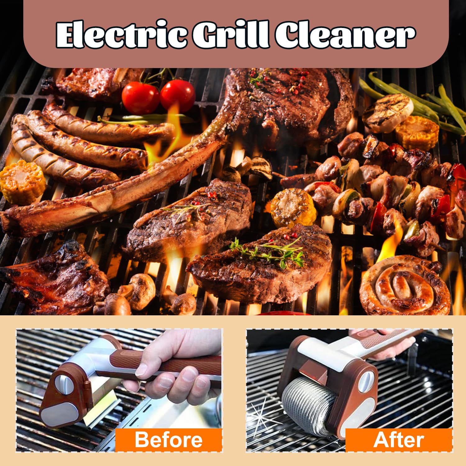 Vibbang Nettoyeur de gril électrique sans fil, Brosse Barbecue acier inoxydable 304, 350 TR/Min