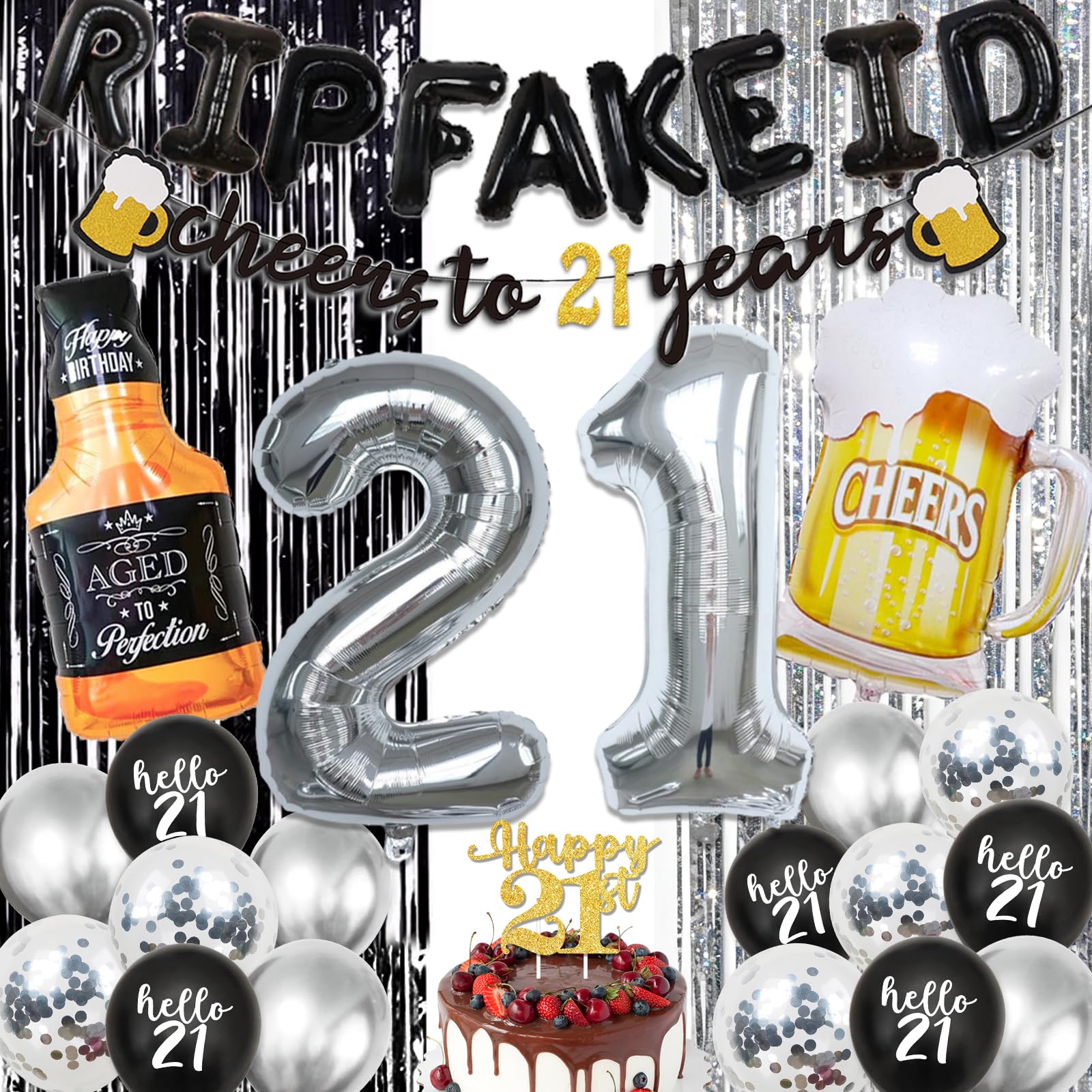 21st Birthday Decorations for Him, Black and Silver Happy 21th Bday Party Decor with Banner Balloons