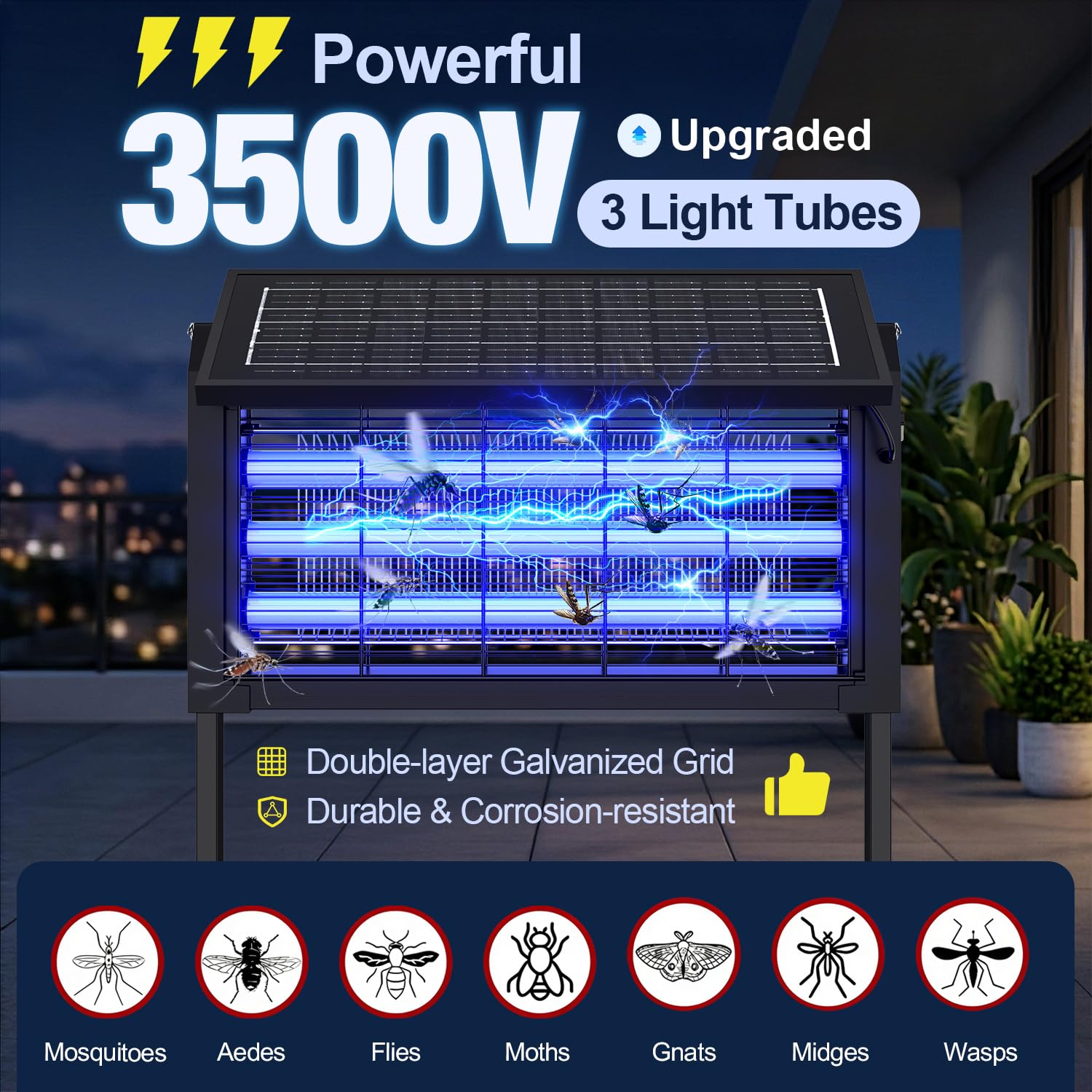 Solar Bug Zapper Outdoor, Potente Zapper Zanzariera, 3500V Elettrico Mosquito Killer, Impermeabile e Portatile, Trappola per insetti Volante Ricaricabile per Patio, Cortile, Giardino, Casa, Campeggio