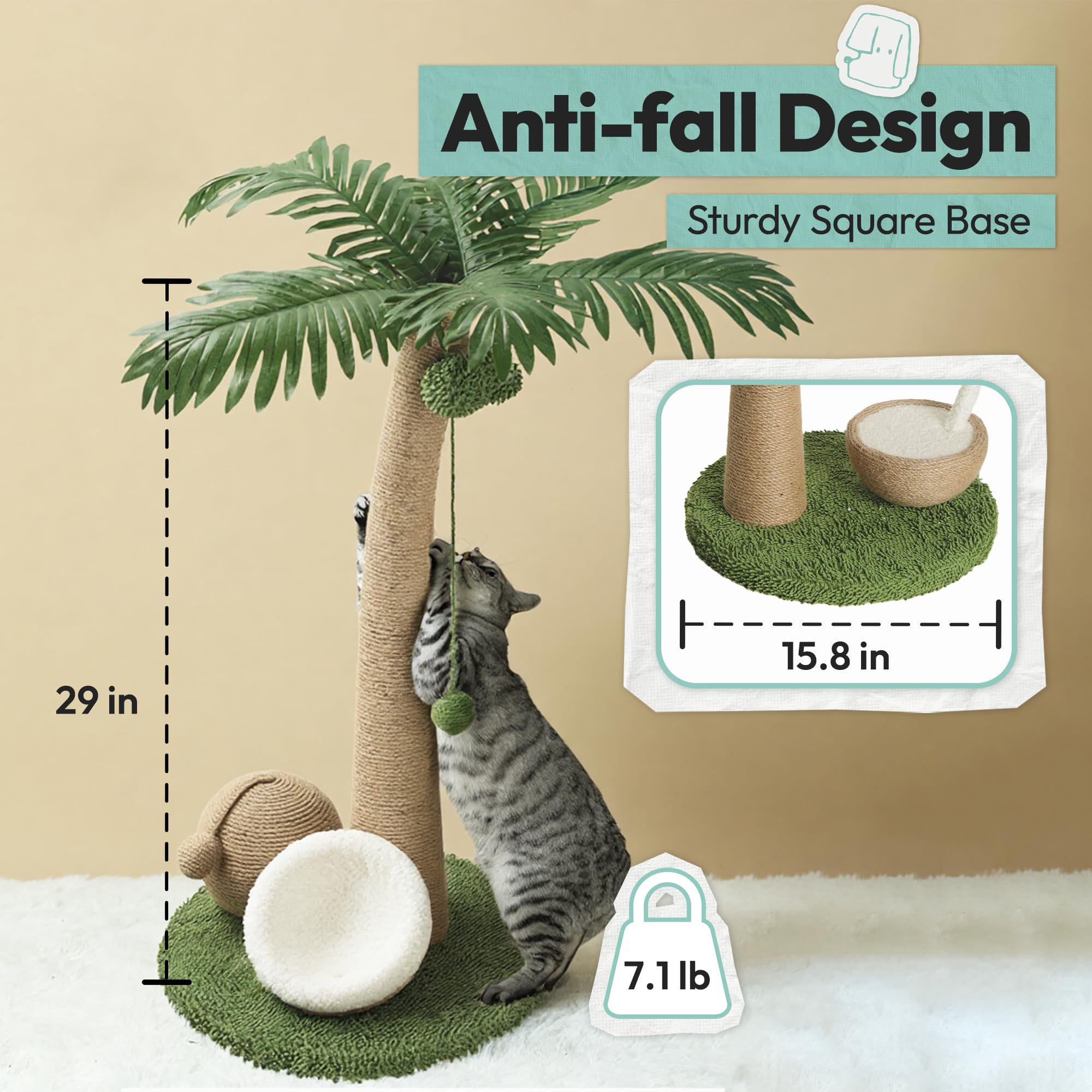 Kratzbaum für Katzen 74 cm, Palmenform mit Hängespielbällen und doppelten Kokos-Spielzeugen, Kratzsäule für Wohnungskätzchen, extra Stabiler Standfuß, pfotenfreundliches Jutematerial