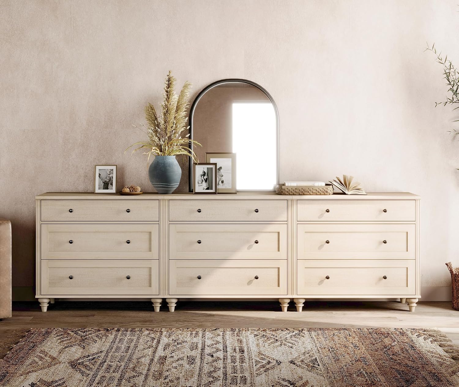 WAMPAT Dresser for Bedroom with 9 Drawers, Kids Dressers with Wide Chest of Drawers, Mid Century Modern Wooden Closet Storage Organizer, Large Wood Dressers for Living Room, Nursery, Light Oak