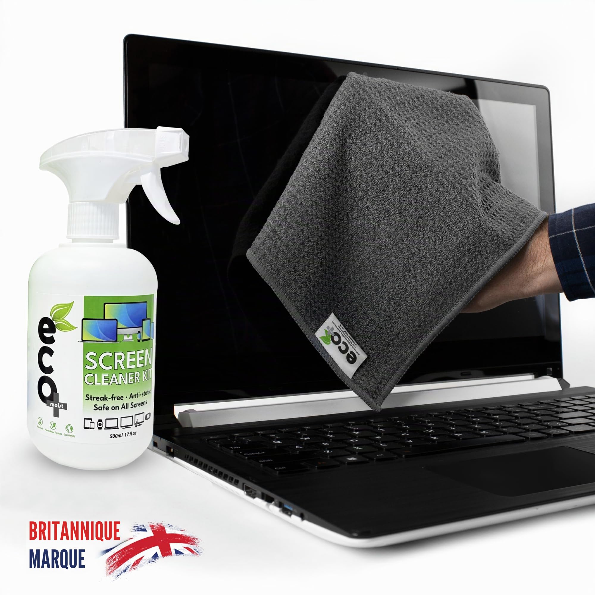 Ecomoist Naturel kit de nettoyage pour écran TV LCD LED Ordinateur tablettes smartphones ordinateurs portables 500ml avec 2 microfibres de haute qualité Vert