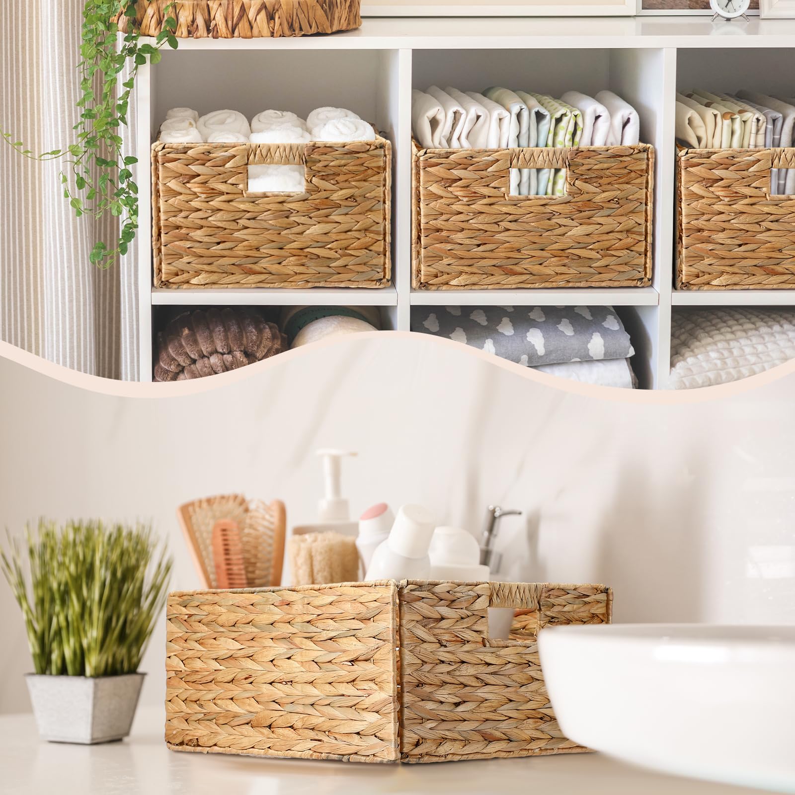 Layhit 4 Stück Weiden-Aufbewahrungskörbe, Wasserhyazinthe, handgewebte Körbe mit Griffen, faltbar, gewebter Organizer, Mehrzweck-Aufbewahrungsbehälter für Regal, Kinderzimmer, Schlafzimmer, Wohnzimmer