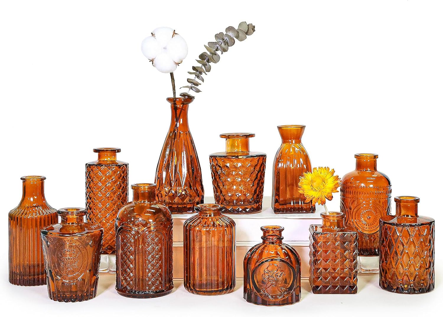 12Pcs Glass Bud Vase Set, Small Dark Brown Flower Vase for Centerpieces, Bud Vases in Bulk, Mini Vintage Vase for Rustic Wedding Decorations?Amber? Amber 12Pcs