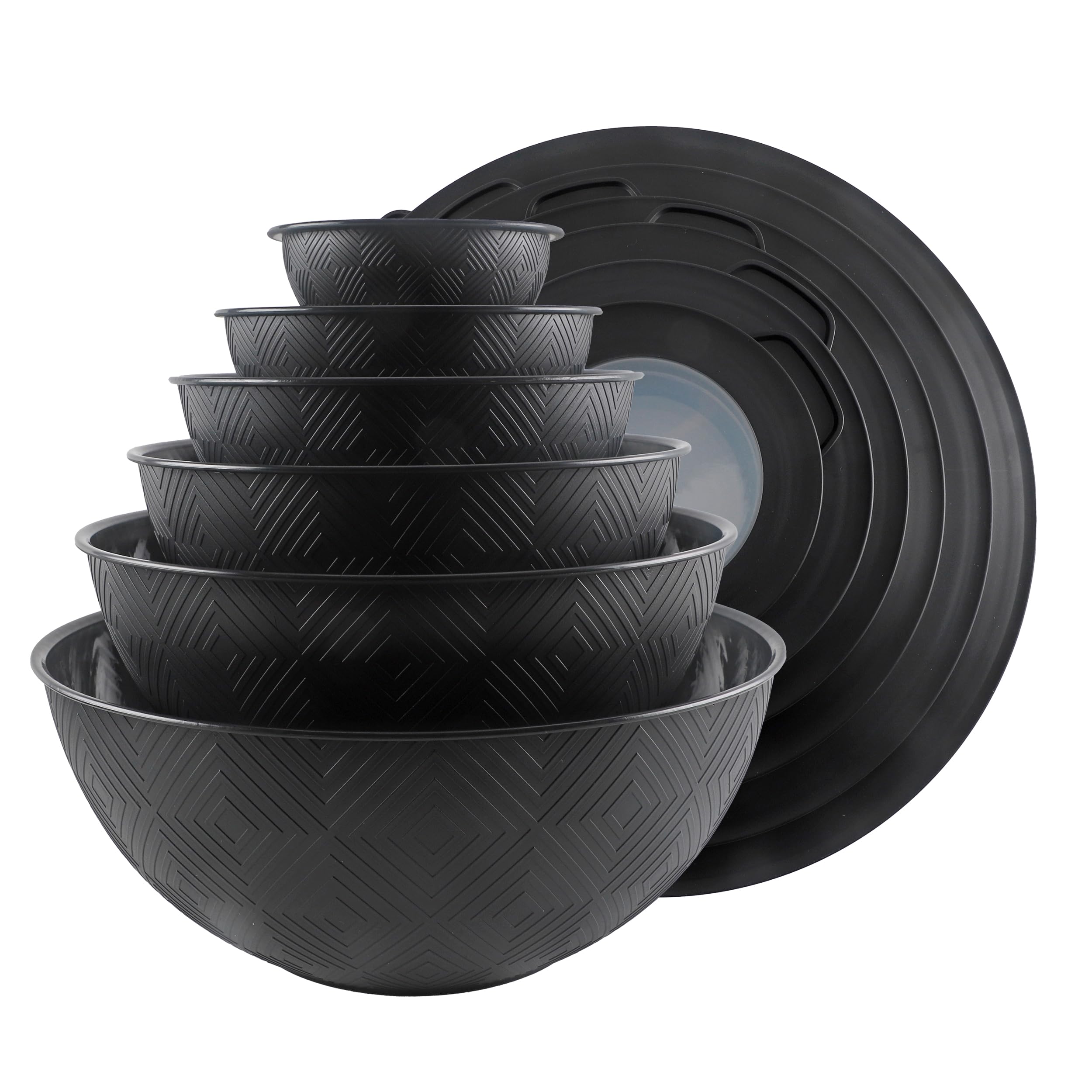 COOK WITH COLOR Mixing Bowls with Lids - 12 Piece Plastic Nesting Bowls Set includes 6 Prep Bowls and 6 Lids, Non Slip Bottom and Rhombus Design - Microwave Safe (Black)