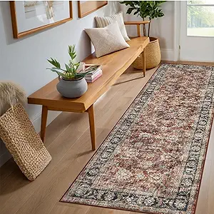 GarveeHome Washable Runner Rug 2x6 Vintage Carpet Runner with Non Slip Backing Foldable Non Shedding Retro Accent Rug Low Pile Distressed Throw Rug for Hallway Office Bedroom, Red