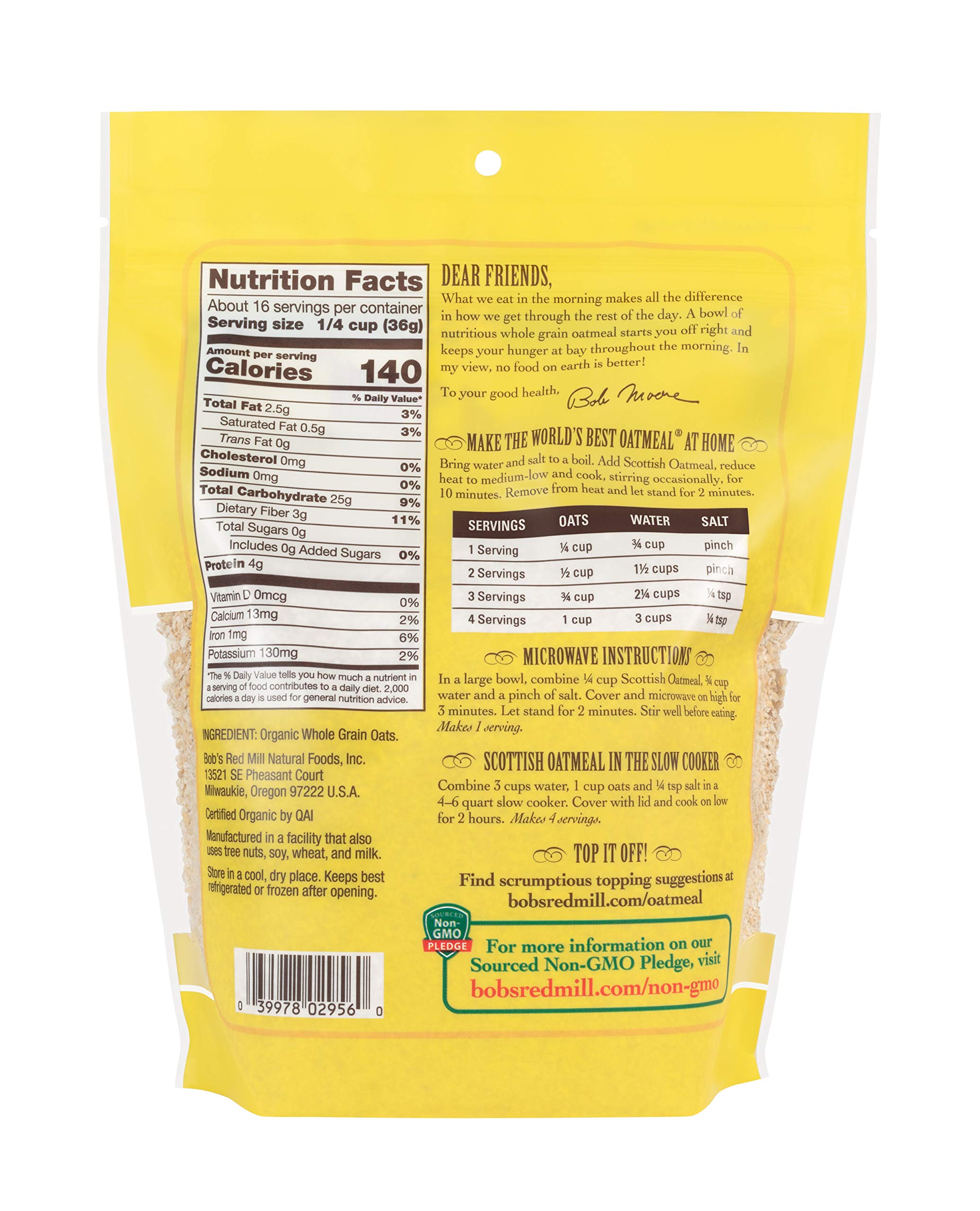 Bobs Red Mill Organic Scottish Oatmeal 20oz Pack of 4 - Non GMO Whole Grain Vegan Kosher — view 3