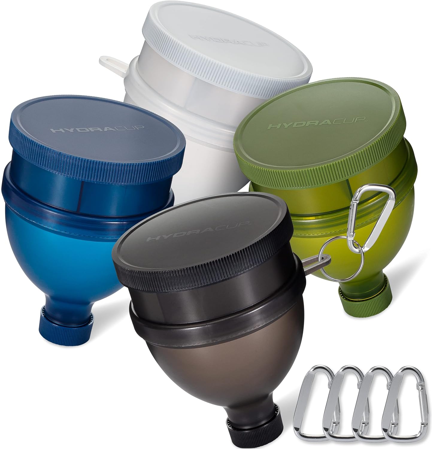 Hydra Cup [4 Pack] Funnels for Filling Water Bottles with Protein Powder, 3 Compartment Capsule Storage, Complement Container Set to Go or Kitchen Use, Keychain for Shaker Cup