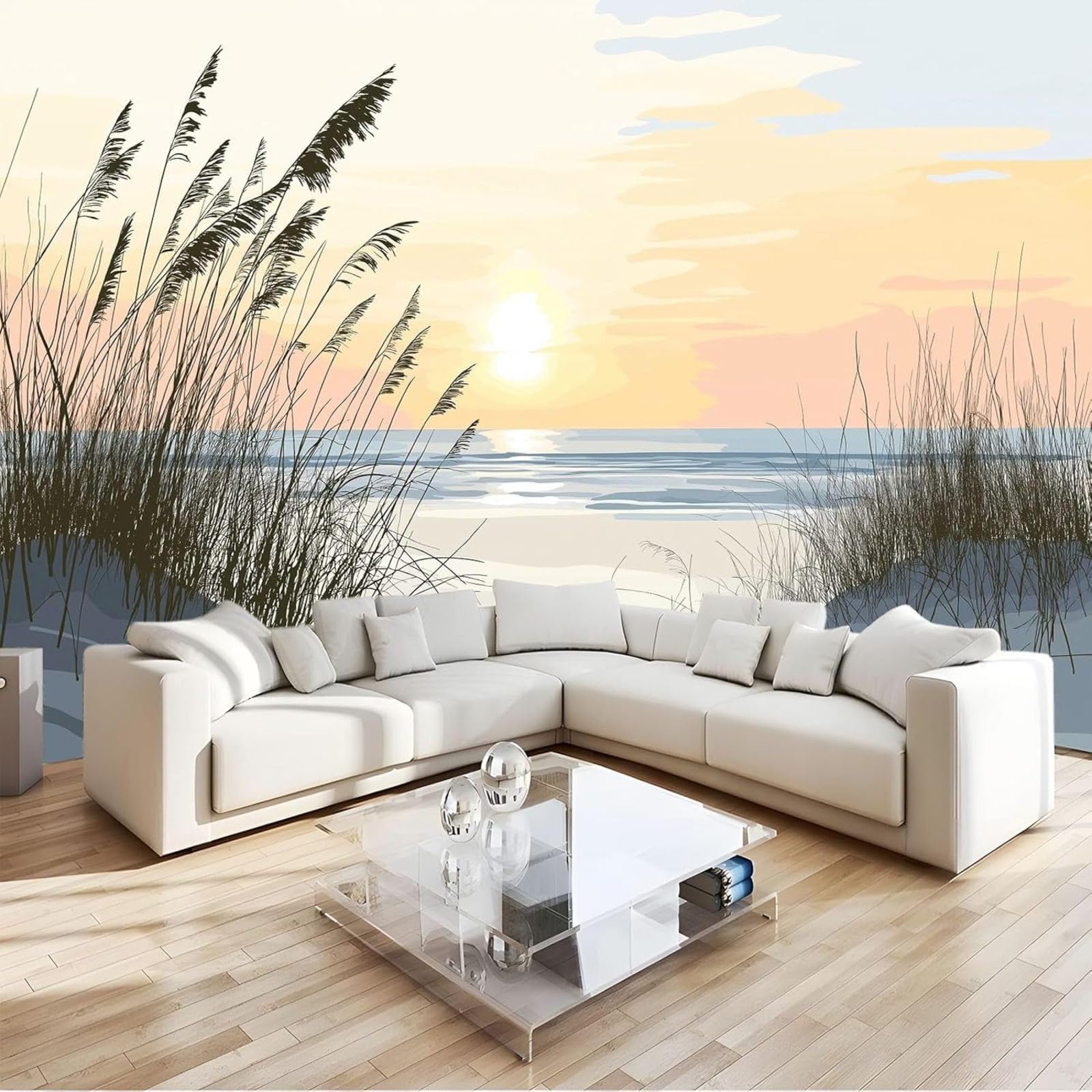 kfjhgbdshhj Photo Wallpaper Beach Reeds Sunrise Wallpaper Non-Woven Wallpaper wall Mural Modern wall Bedroom Living Room wall Wallpaper, Light Yellow, 400cm x 280cm