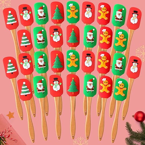 Menkxi 32 Pcs Christmas Silicone Spatulas, Xmas Cake Spatula with Wooden Handles - Santa Claus Snowman Gingerbread Designs for Cooking & Baking
