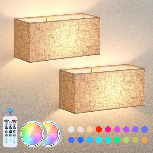 Battery Operated Wall Sconces Set of 2 - Dimmable LED Wall Lights with Remote Control, 18 Color Changeable Wall Mounted Lamps with Fabric Shade, Magnetic LED Wall Light Fixtures for Bedroom Hallway