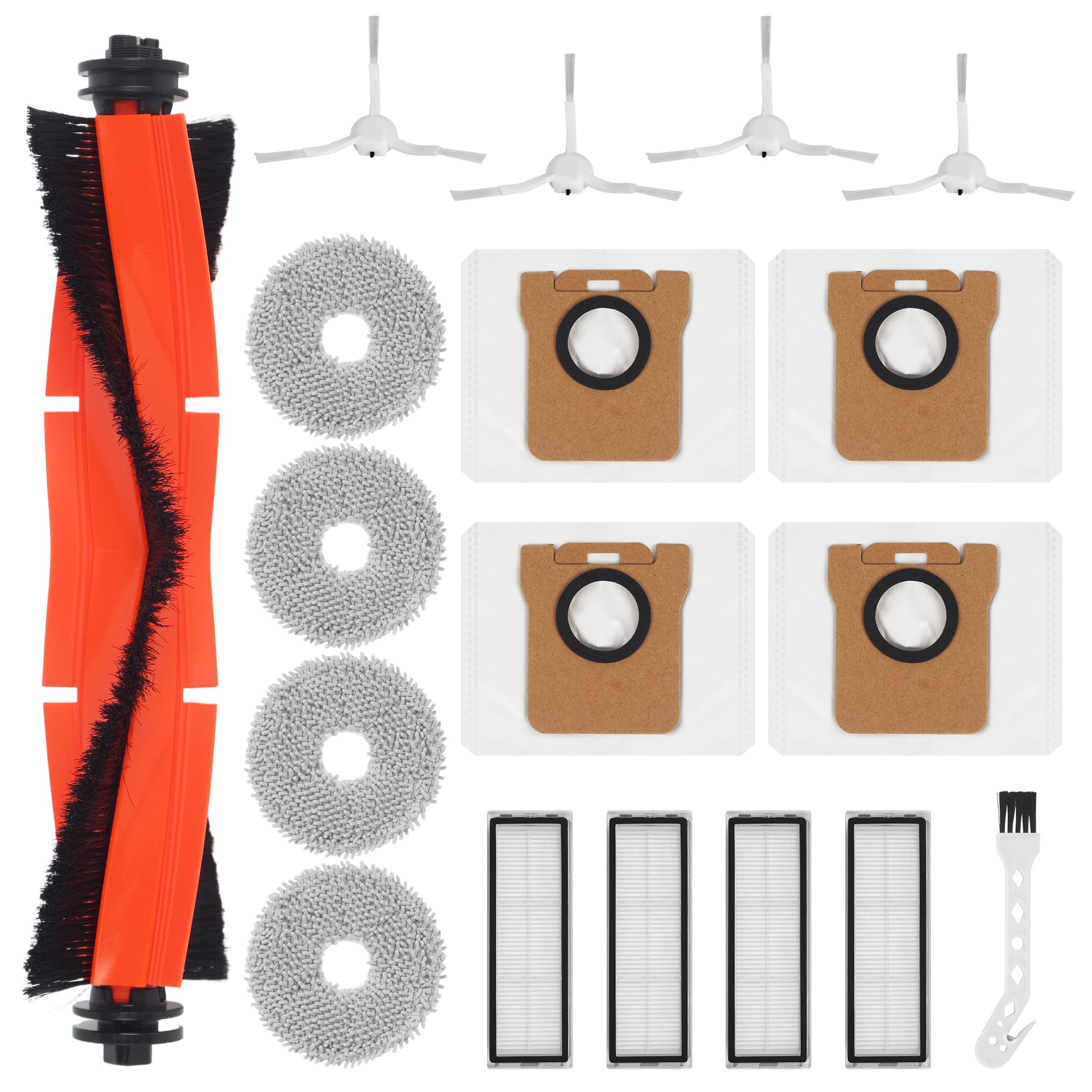 18Accessori per Xiaomi X20+/X10+, 1xspazzola principale, 4x panni per il lavaggio, 4x sacchetti per la polvere, 4 xspazzole laterali, 4x filtri HEPA, 1x spazzola per la pulizia