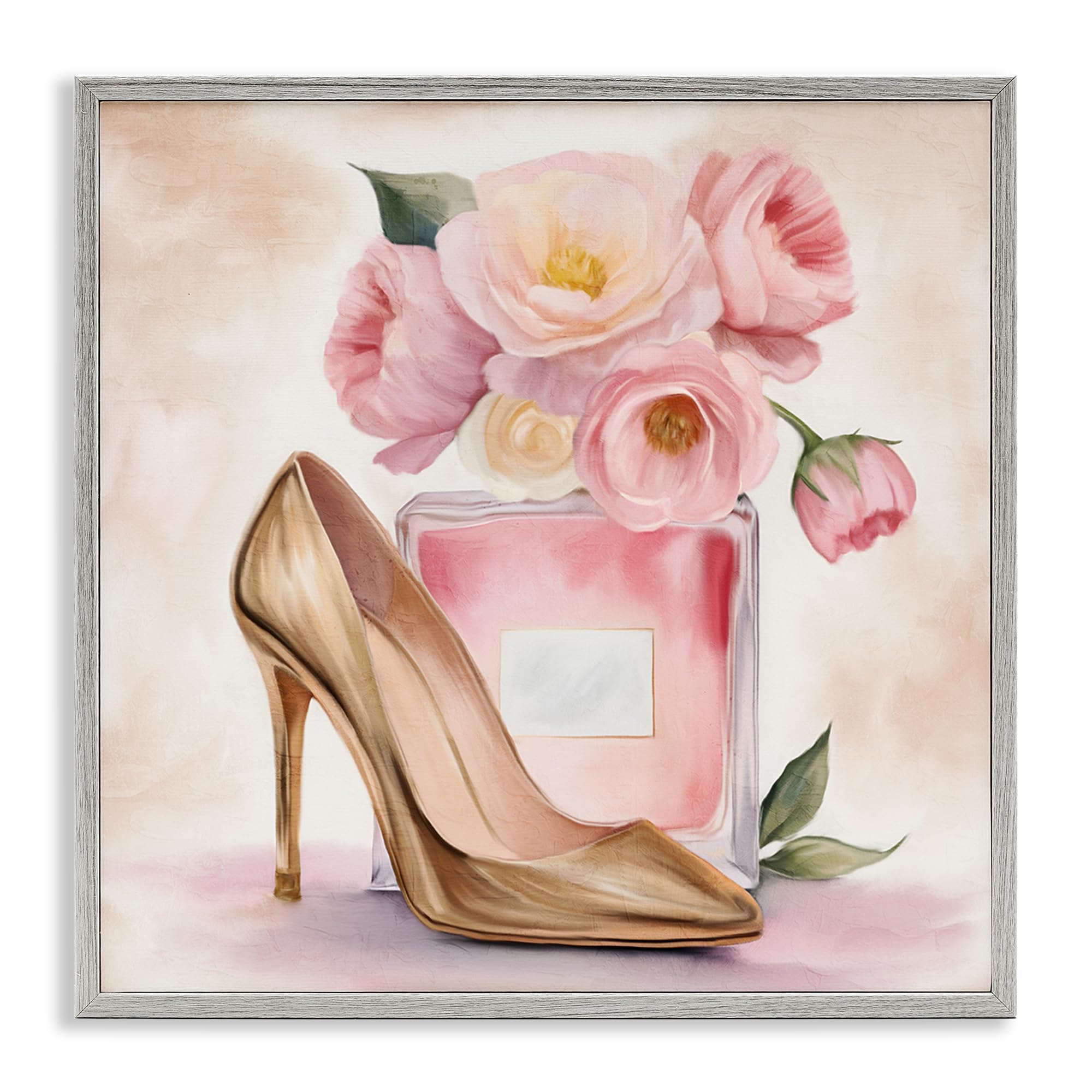 Stupell Industries Farmhouse Gray (Textured) 'Pink Beauty Heel & Flowers'| Framed Giclee Art
