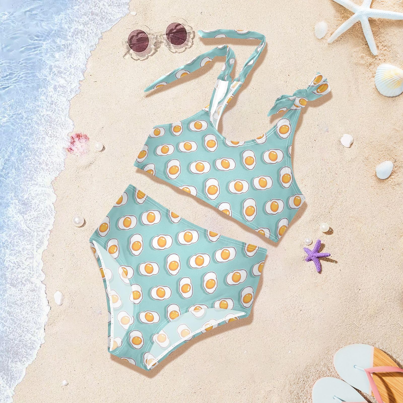 Fried Egg Pattern Girls 2-Piece Tankini Swimsuit, Girls Bikini Swimsuits Summer Beach Bathing Suit Set, 4T Multicoloured